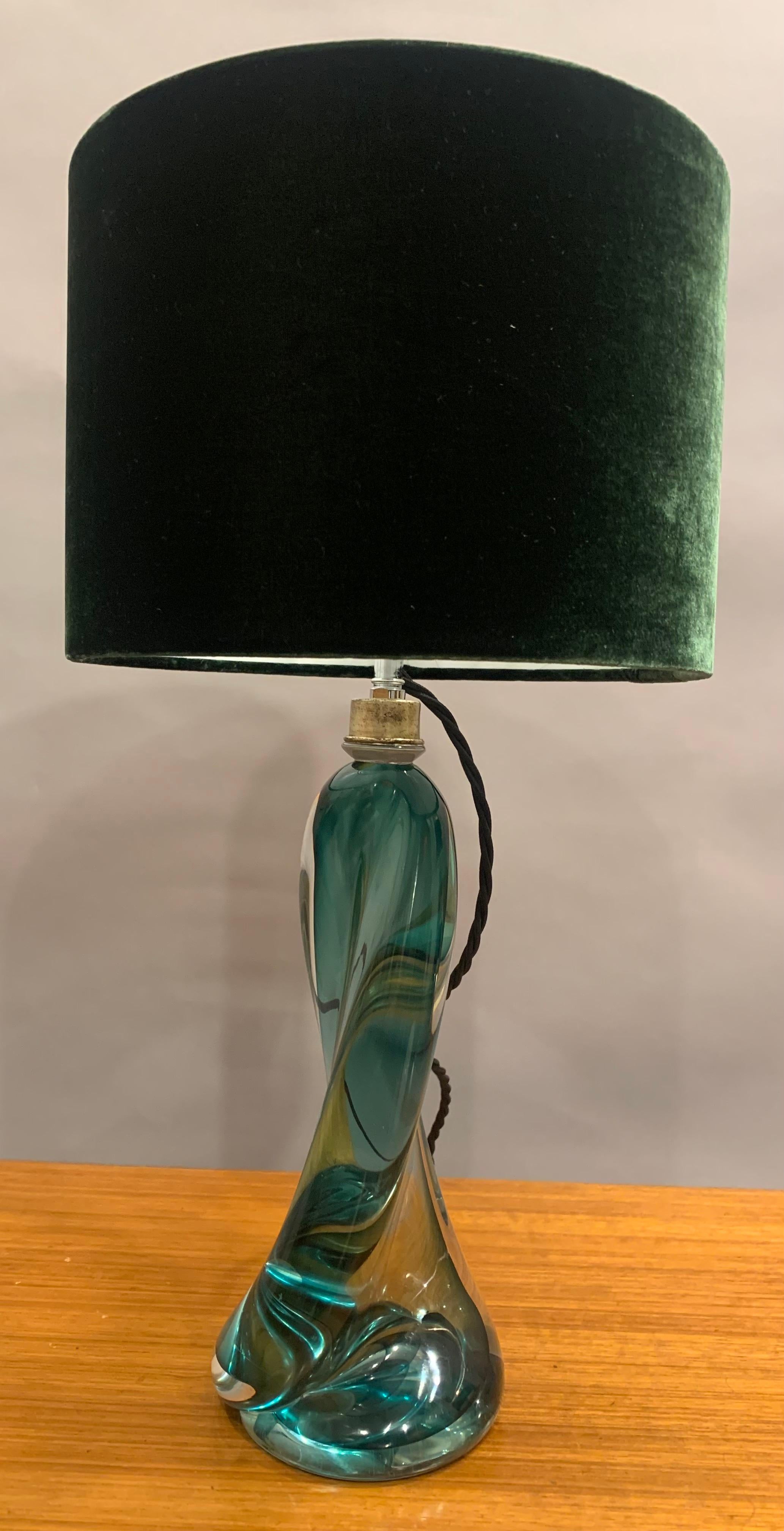 Brass 1950s Belgium Val St Lambert Signed Twisted Dark Green Table Lamp Shade