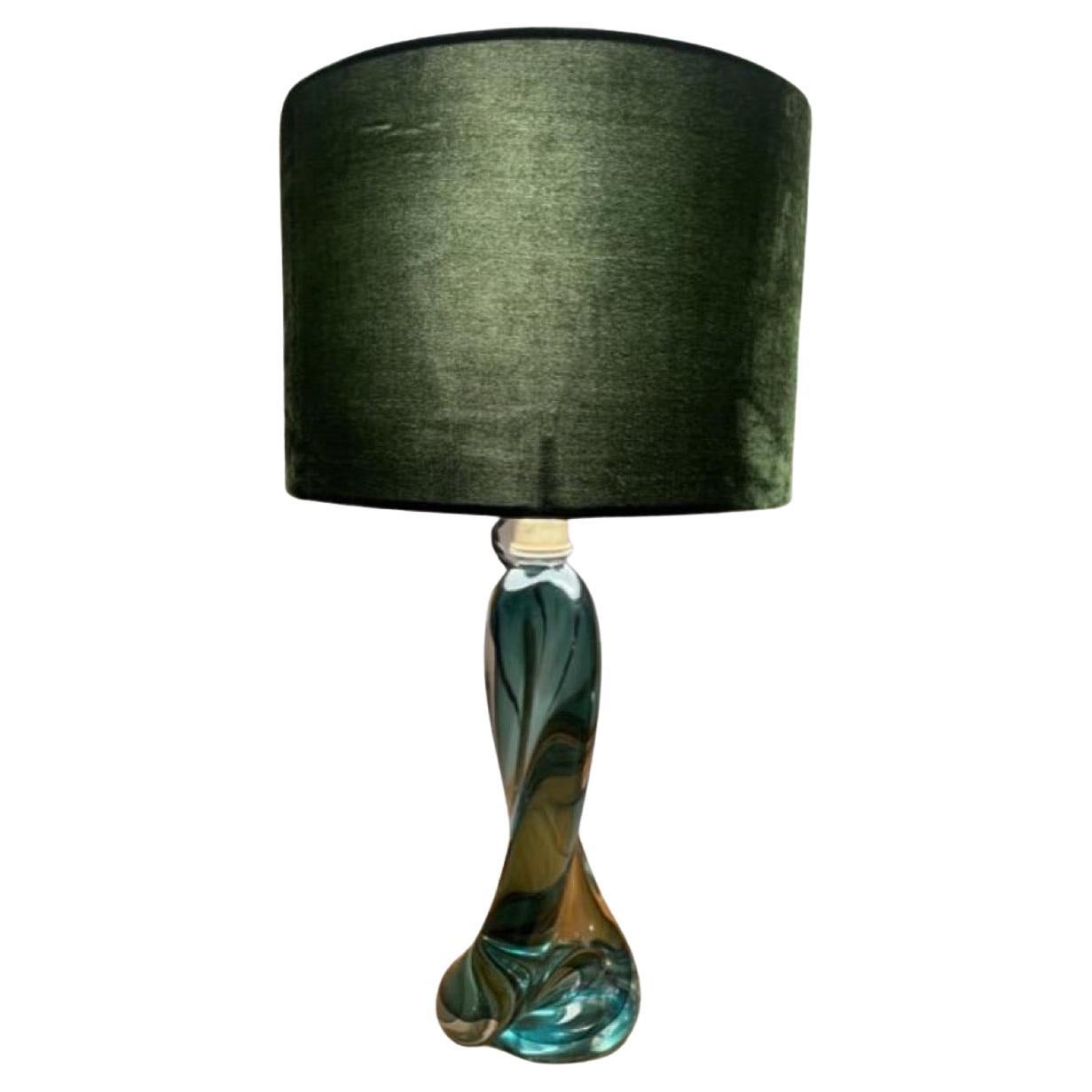 1950s Belgium Val St Lambert Signed Twisted Dark Green Table Lamp Shade