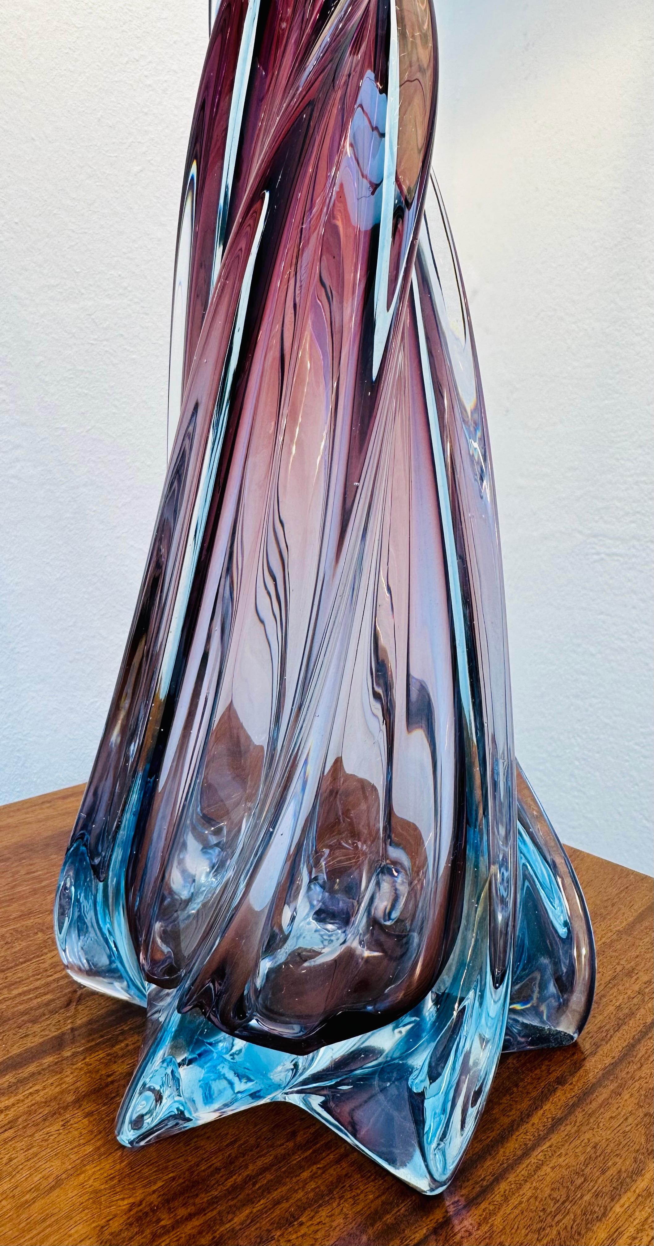 1950s Belgium Val St Lambert Style Purple Blue & Clear Glass Swirled Table Lamp For Sale 3