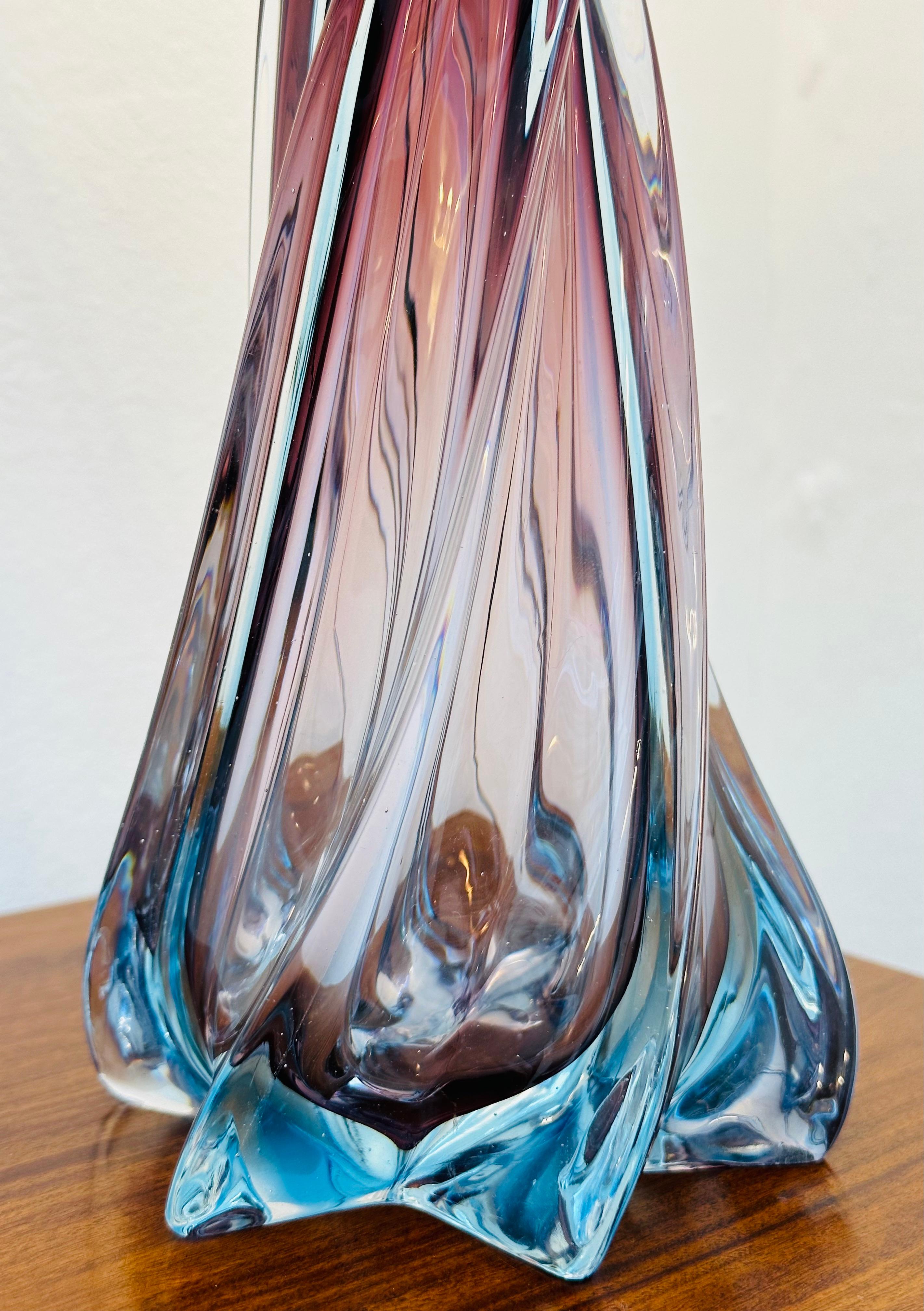 1950s Belgium Val St Lambert Style Purple Blue & Clear Glass Swirled Table Lamp For Sale 6