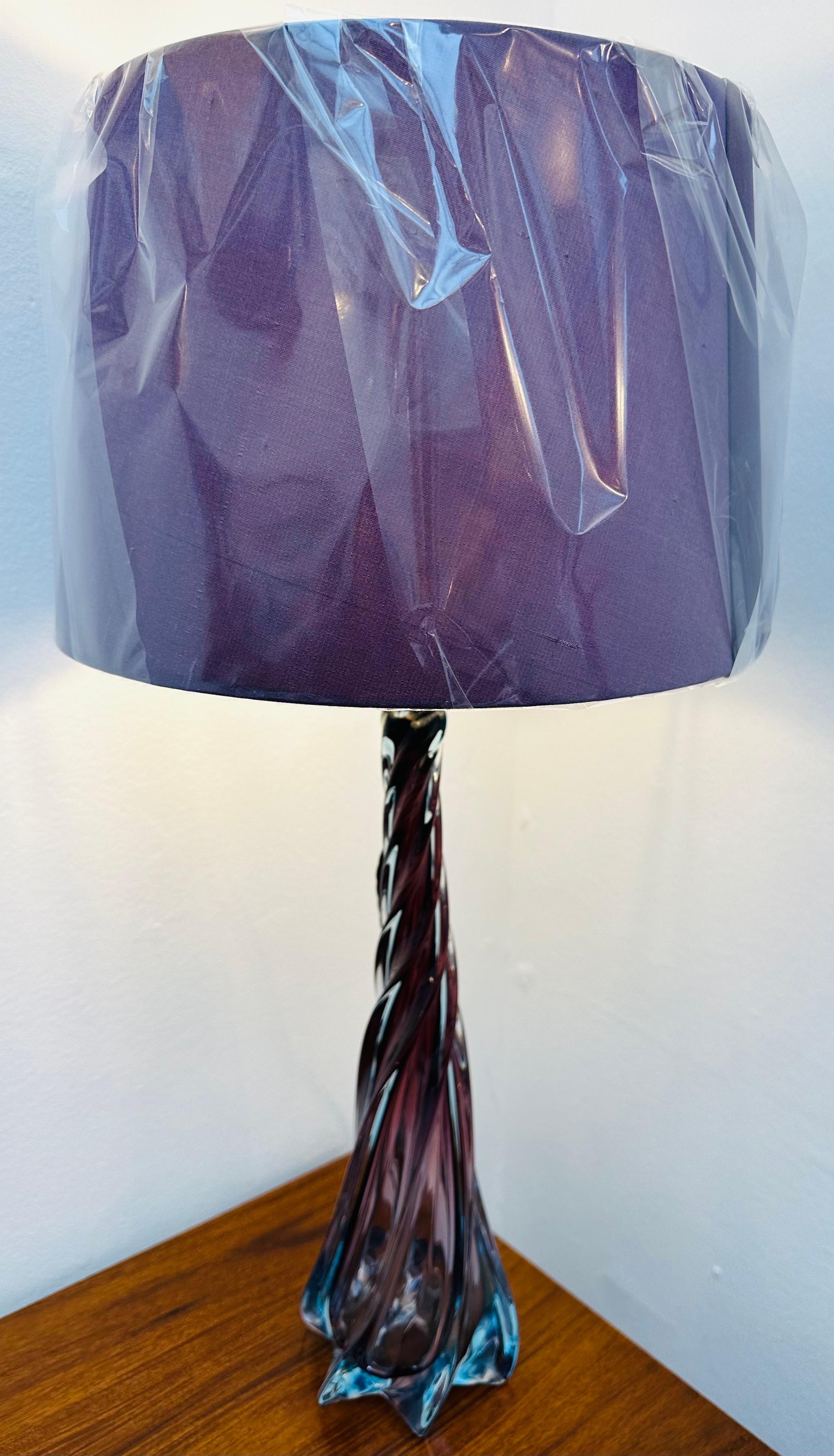 Belgian 1950s Belgium Val St Lambert Style Purple Blue & Clear Glass Swirled Table Lamp For Sale