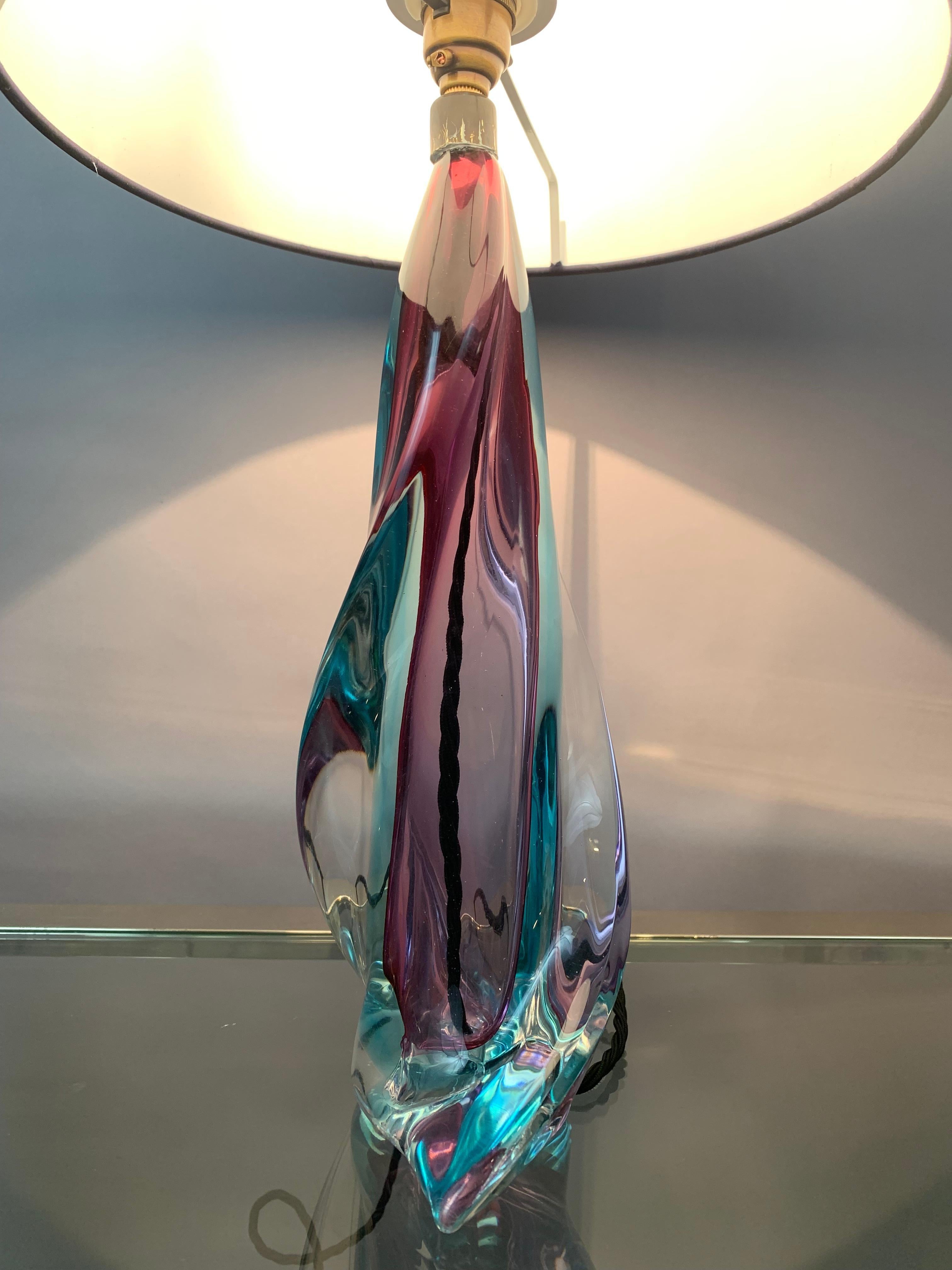 1950s Belgium Val St Lambert Turquoise Purple & Clear Crystal Glass Table Lamp 2