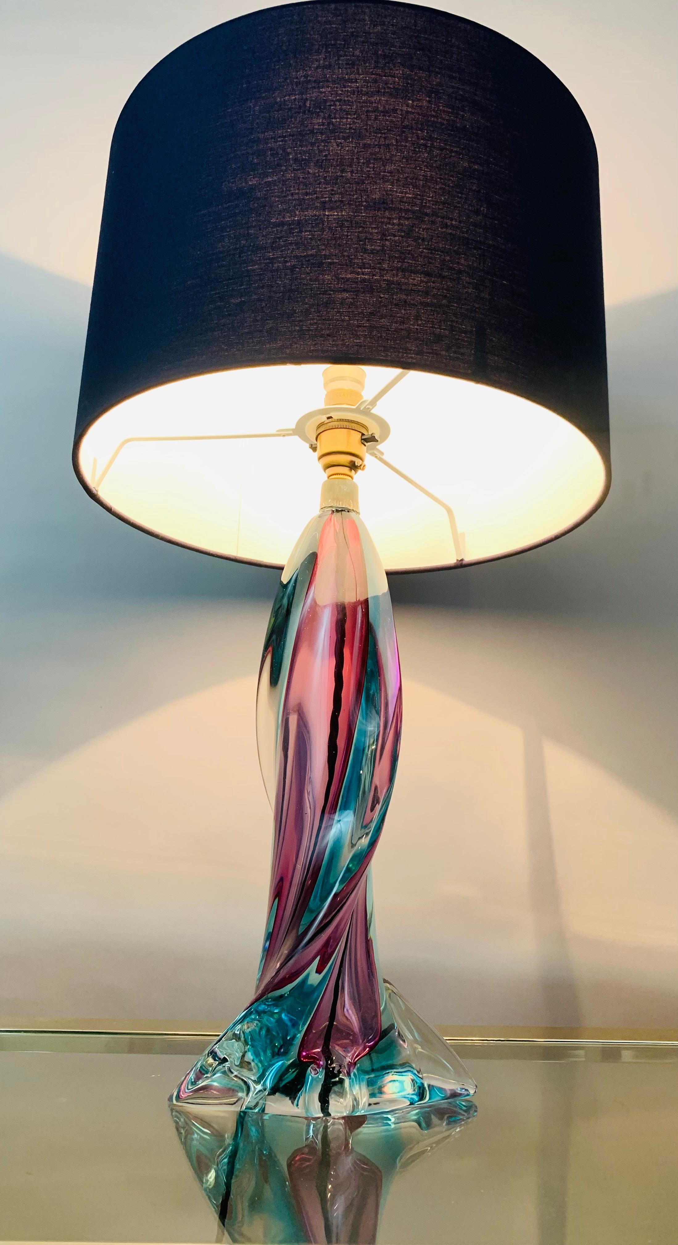 Mid-Century Modern 1950s Belgium Val St Lambert Turquoise Purple & Clear Crystal Glass Table Lamp