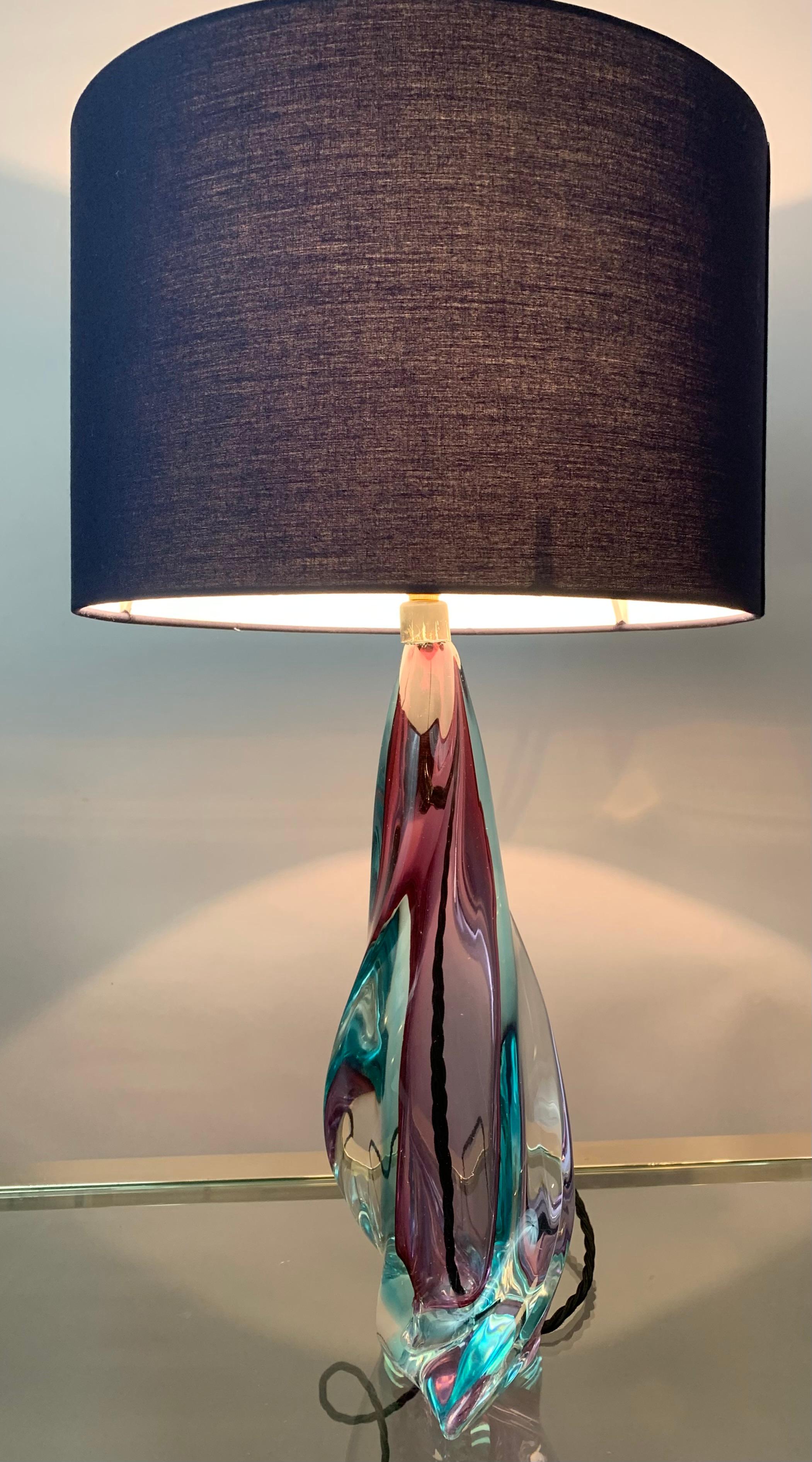 Belgian 1950s Belgium Val St Lambert Turquoise Purple & Clear Crystal Glass Table Lamp