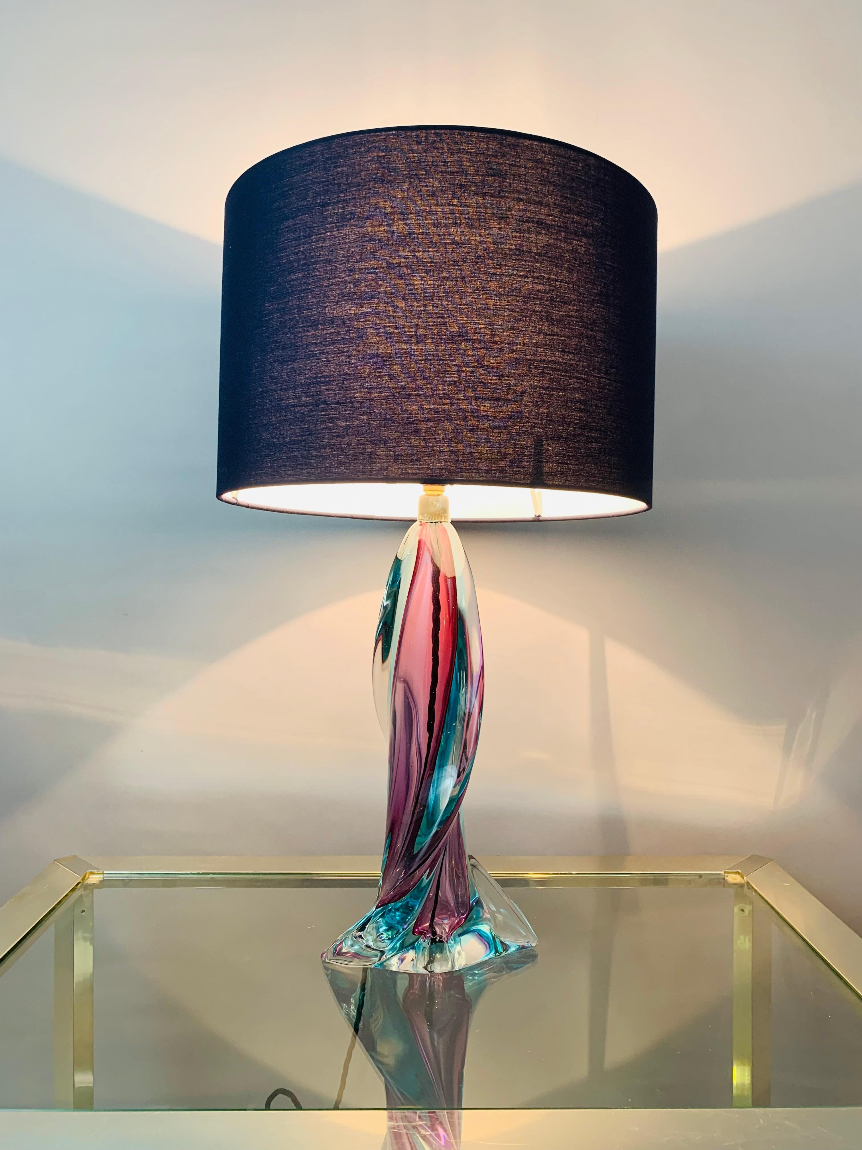 Hand-Crafted 1950s Belgium Val St Lambert Turquoise Purple & Clear Crystal Glass Table Lamp
