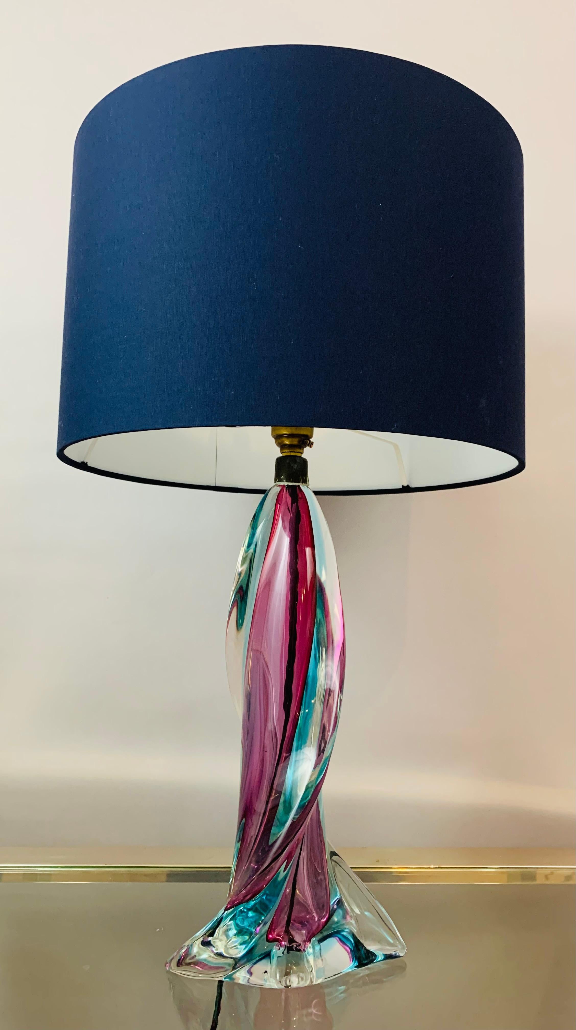 1950s Belgium Val St Lambert Turquoise Purple & Clear Crystal Glass Table Lamp In Good Condition In London, GB