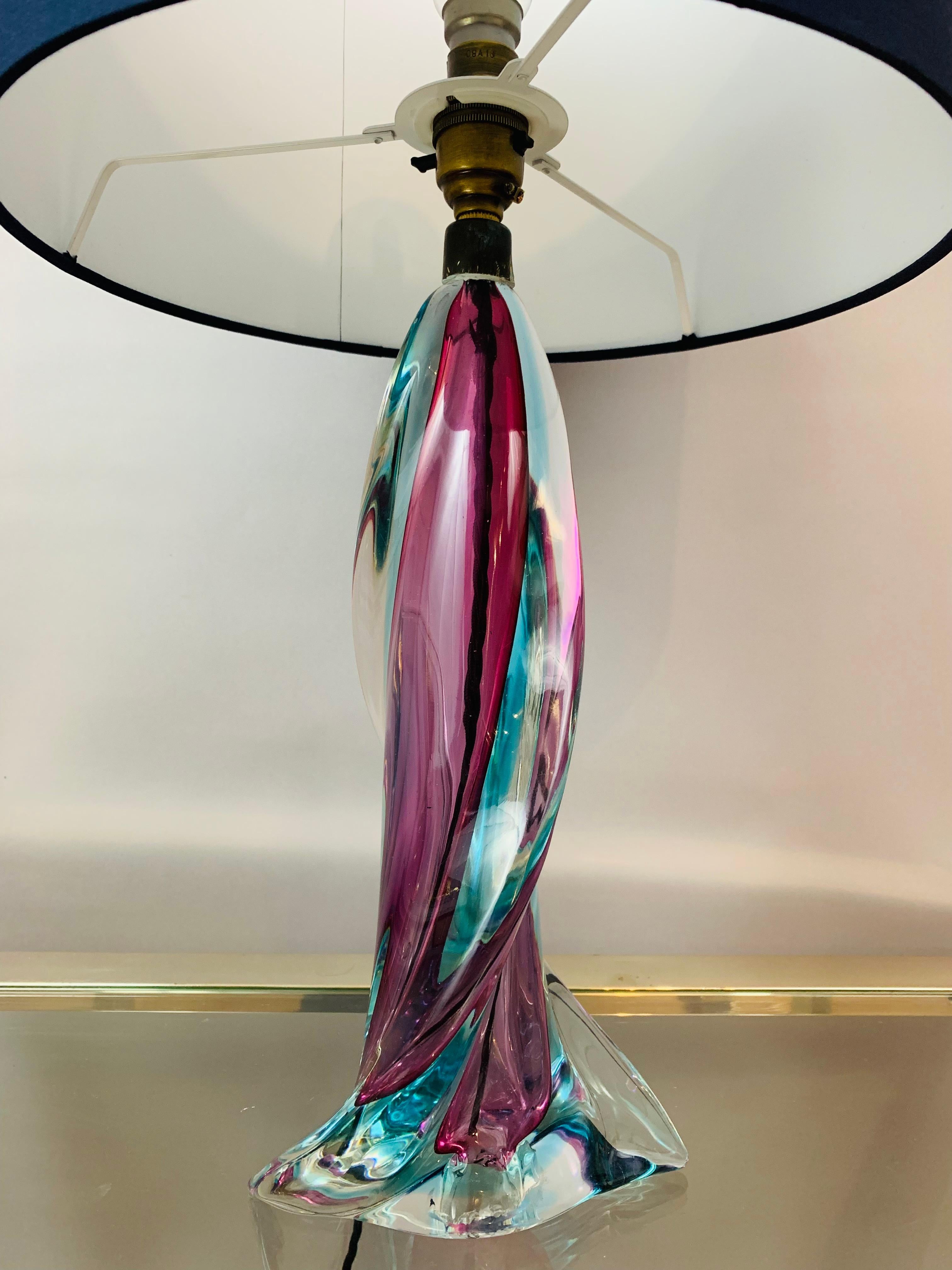 20th Century 1950s Belgium Val St Lambert Turquoise Purple & Clear Crystal Glass Table Lamp