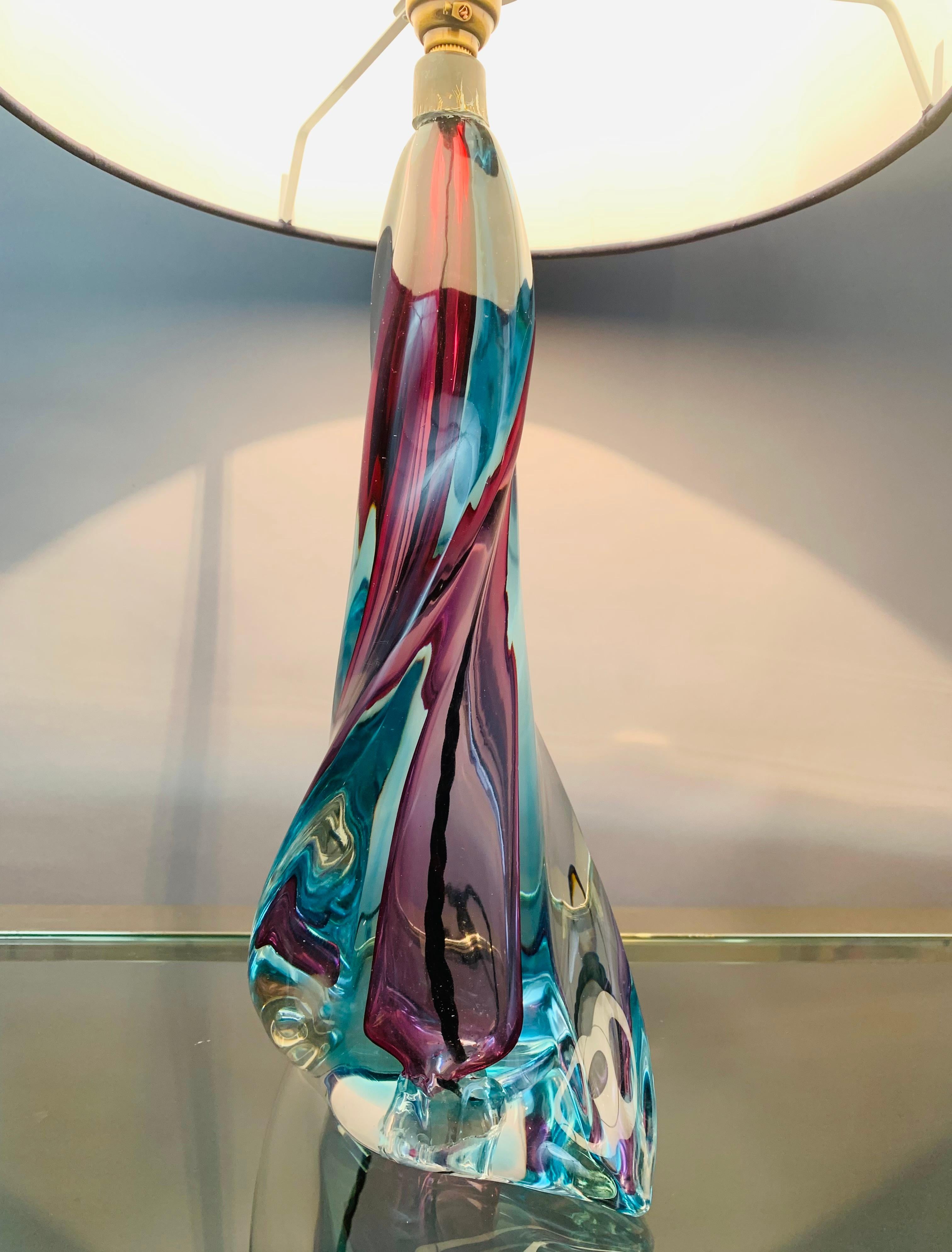Brass 1950s Belgium Val St Lambert Turquoise Purple & Clear Crystal Glass Table Lamp