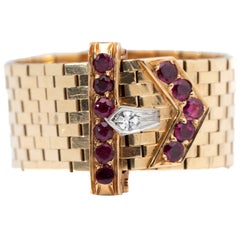 1950s Belt Ring with Diamonds and Rubies in 18 Karat Yellow Gold