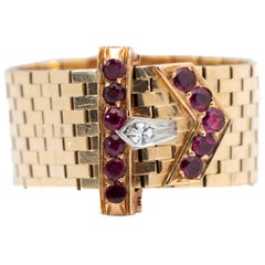 Vintage 1950s Belt Ring with Diamonds and Rubies in 18 Karat Yellow Gold