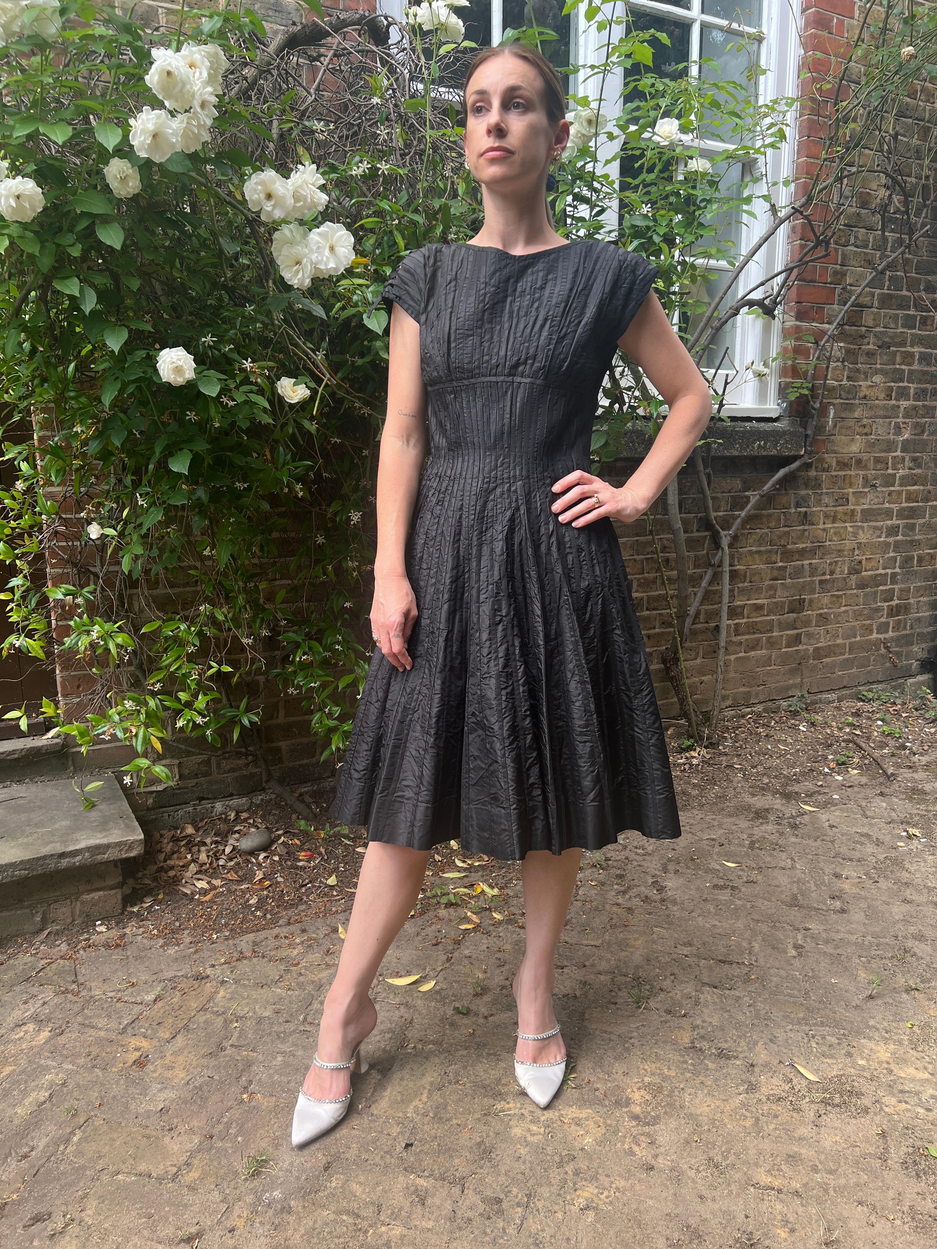1950s Ben Reig Black Silk Ribbon Dress For Sale 2