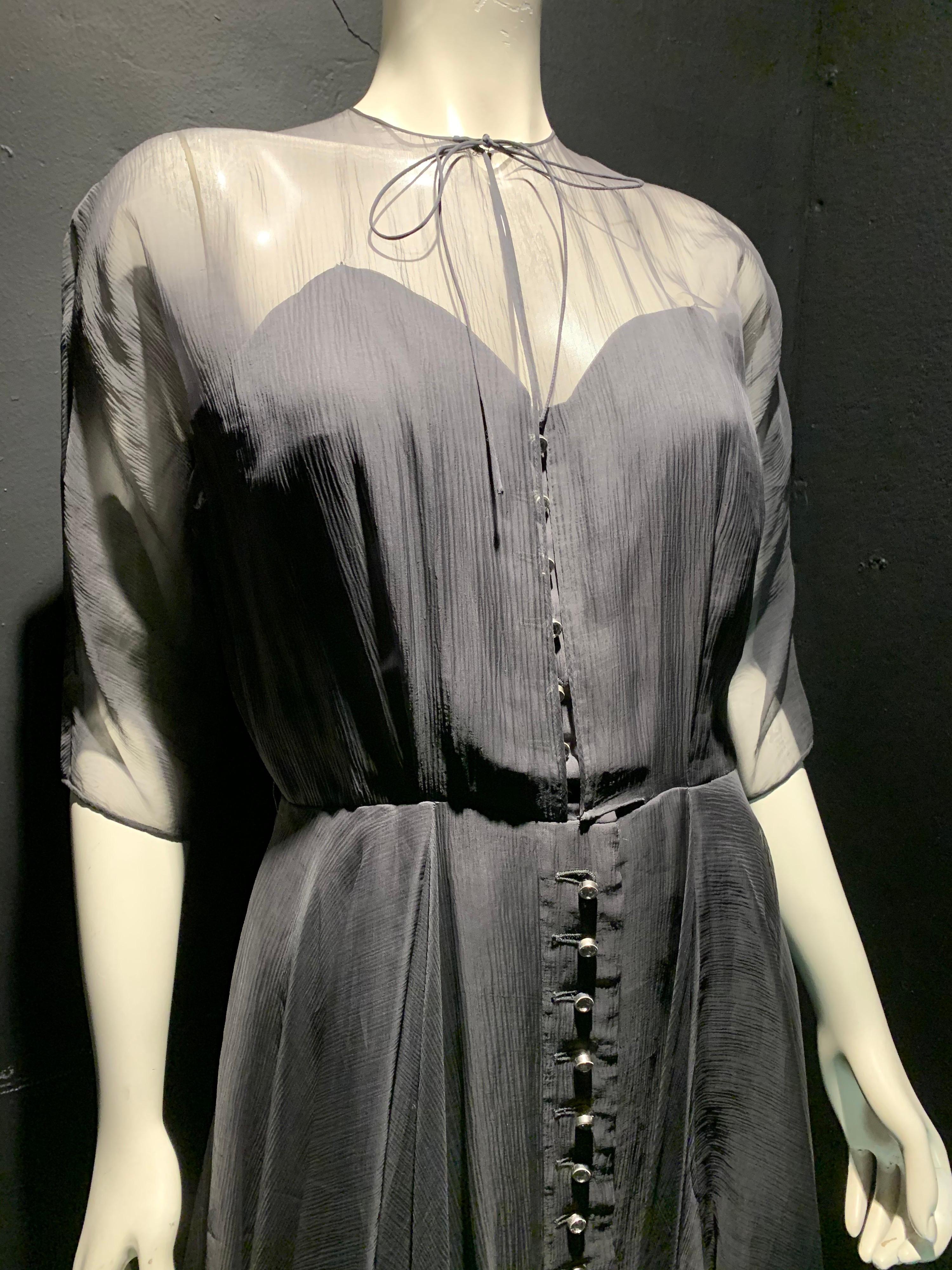 1950s Ben Reig Smoke Gray Silk Chiffon Cocktail Dress W/ Rhinestone Buttons For Sale 3