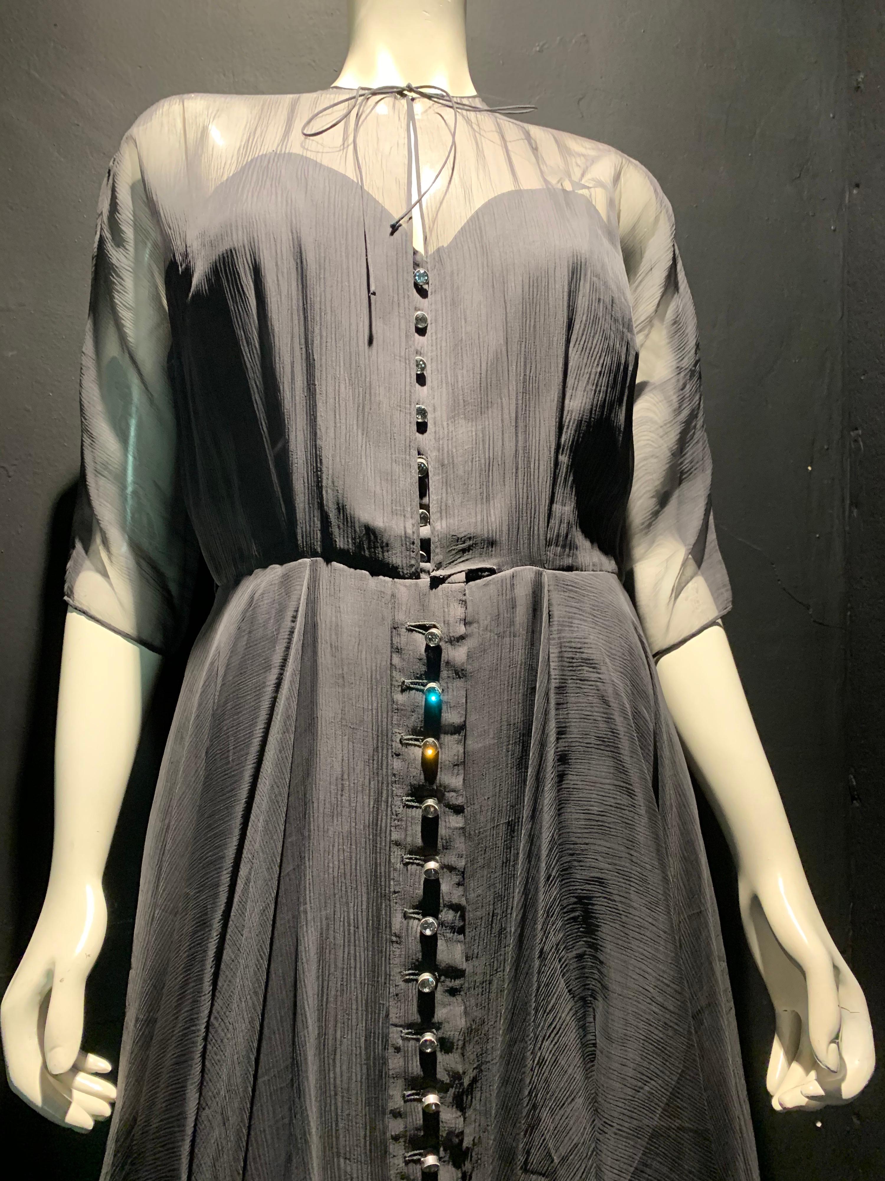 1950s Ben Reig Smoke Gray Silk Chiffon Cocktail Dress W/ Rhinestone Buttons For Sale 5
