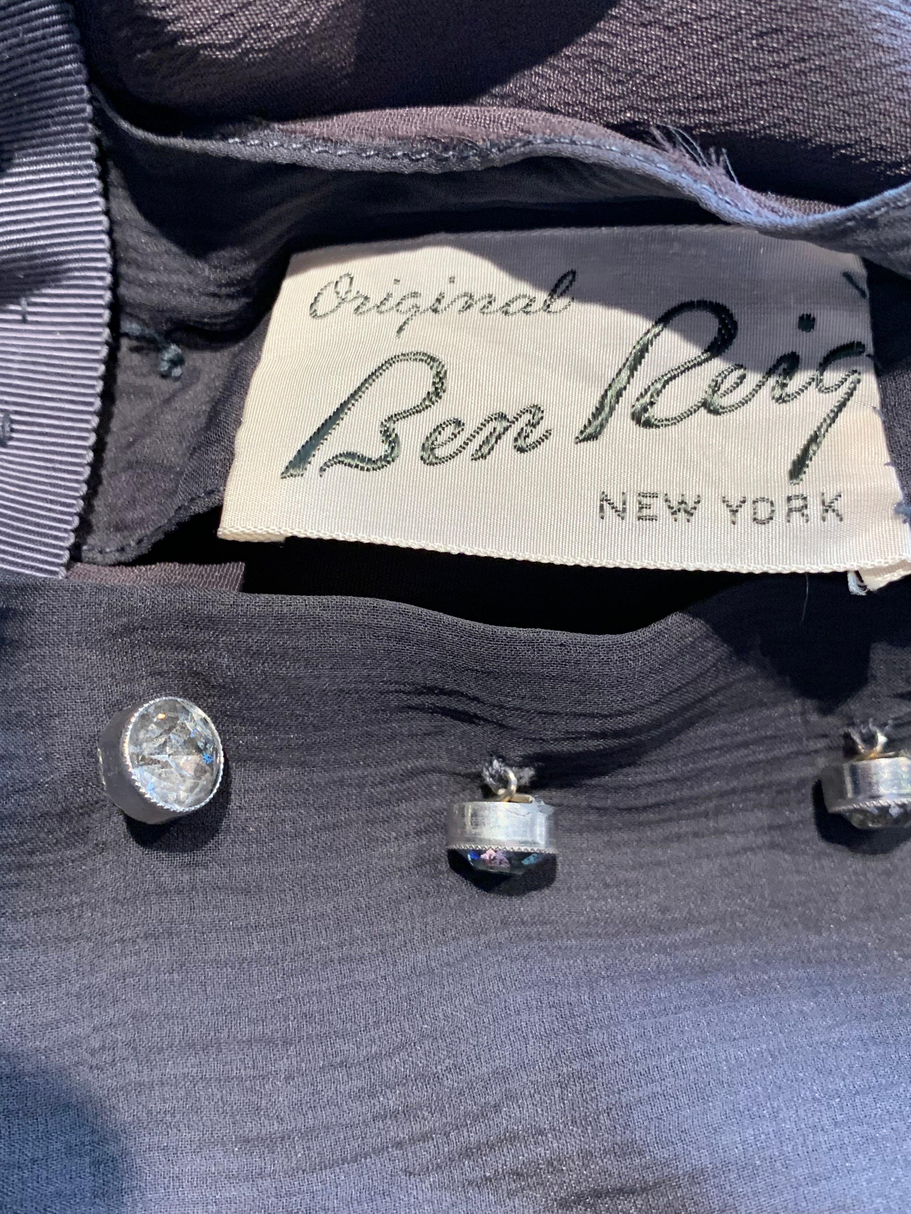 1950s Ben Reig Smoke Gray Silk Chiffon Cocktail Dress W/ Rhinestone Buttons For Sale 10