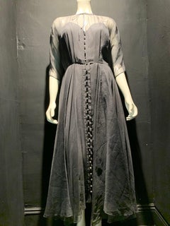 1950s Ben Reig Smoke Gray Silk Chiffon Cocktail Dress W/ Rhinestone Buttons