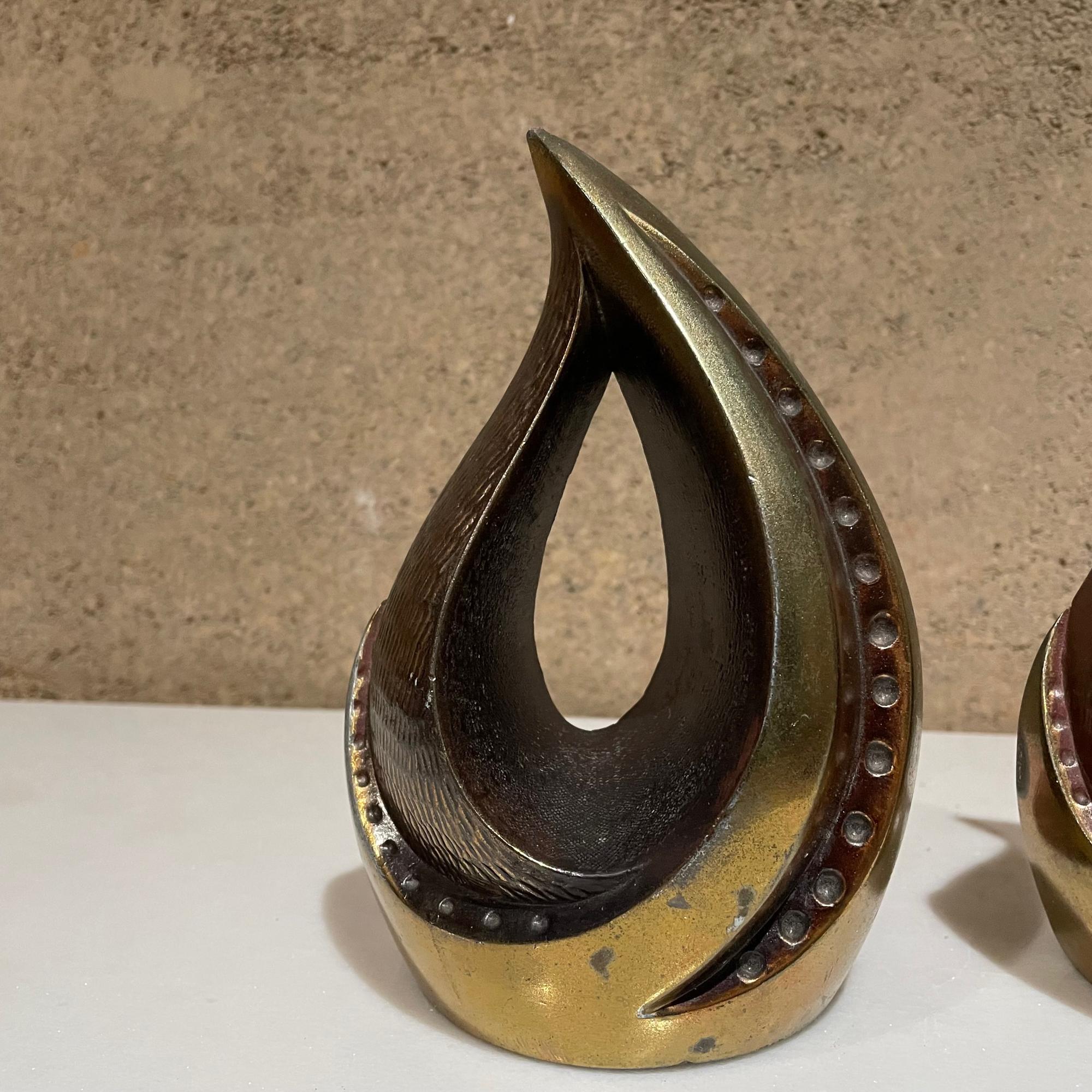 American 1950s Ben Seibel Modern Brass Bookends Sculptural Tear Drop Flame