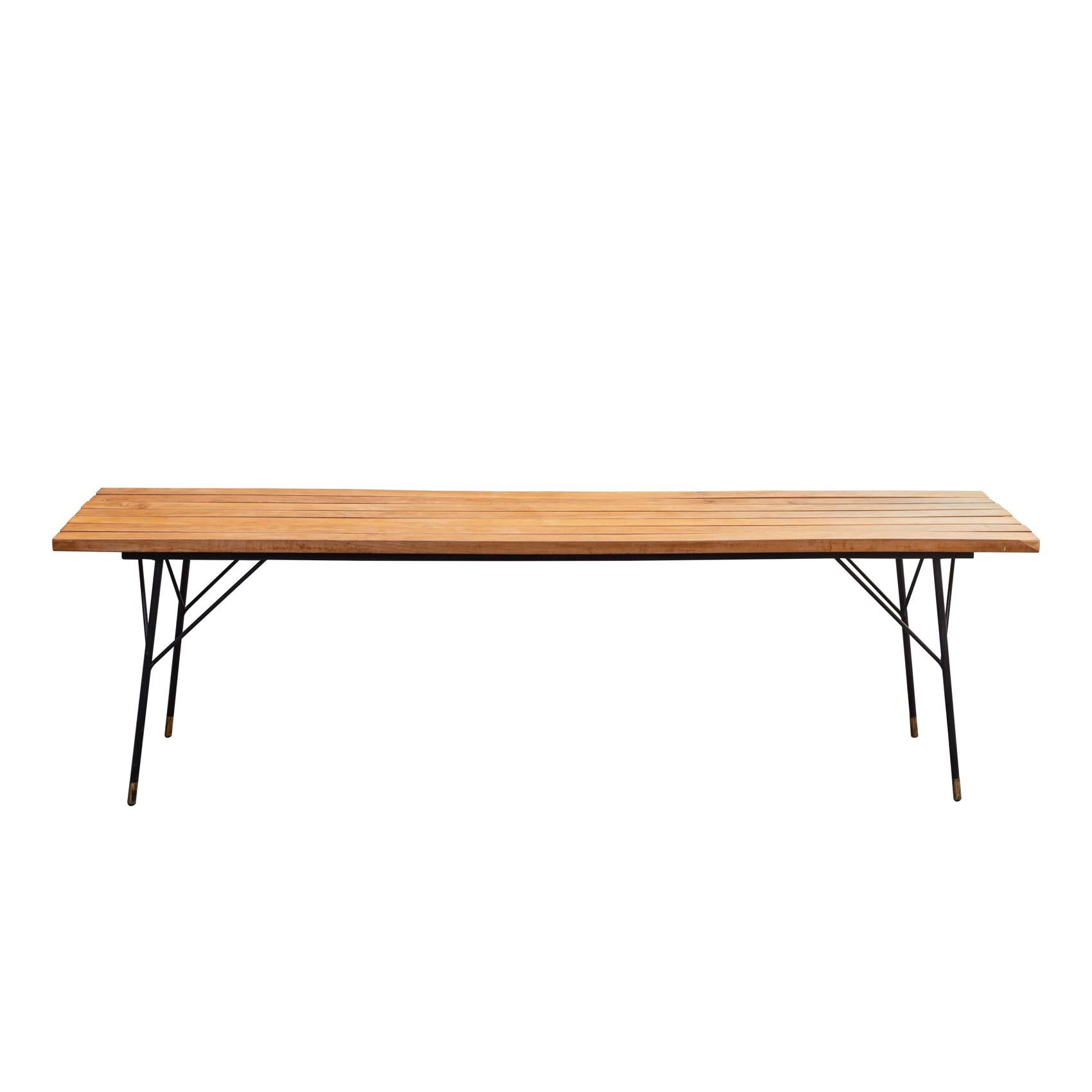 Bench or coffee table Mid-Century Modern Italy 1950s, design Marco Zanuso  wood and metal and final legs. This piece belongs to the Italian production of the fifties, it can be used as a bench, and very comfortable, and as a low table, or coffee