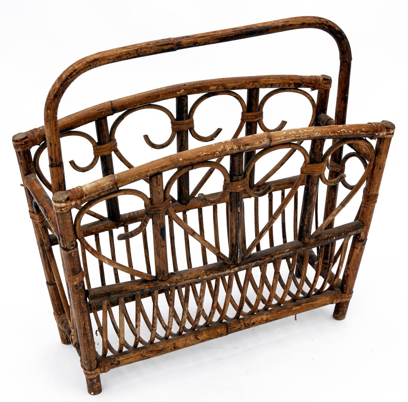 Hand-Crafted 1950s Bent Bamboo Magazine Rack For Sale