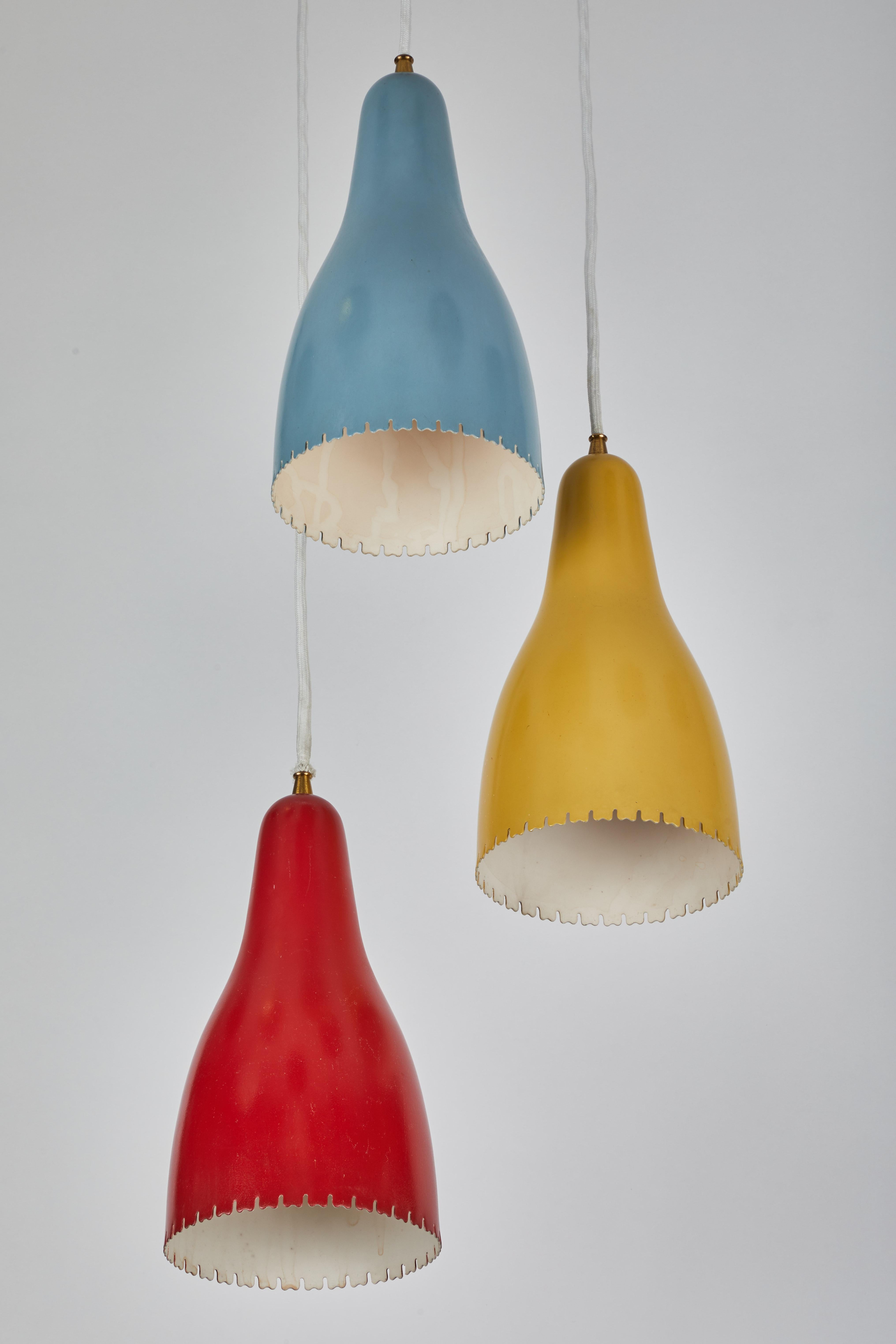 Brass 1950s Bent Karlby 3-Cone Chandelier for Lyfa