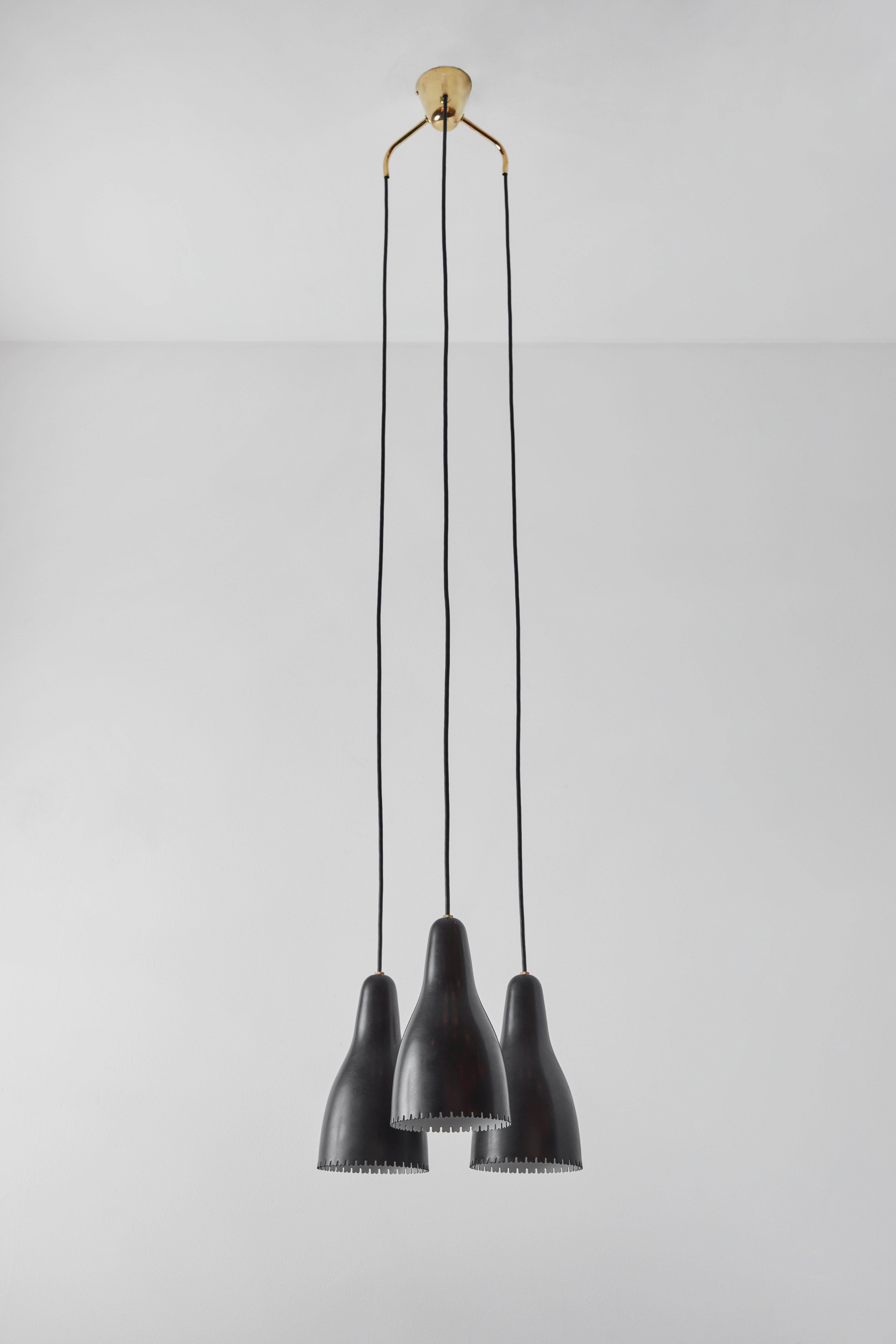 Danish 1950s Bent Karlby 3-Shade Chandelier in Black Painted Metal & Brass for Lyfa For Sale