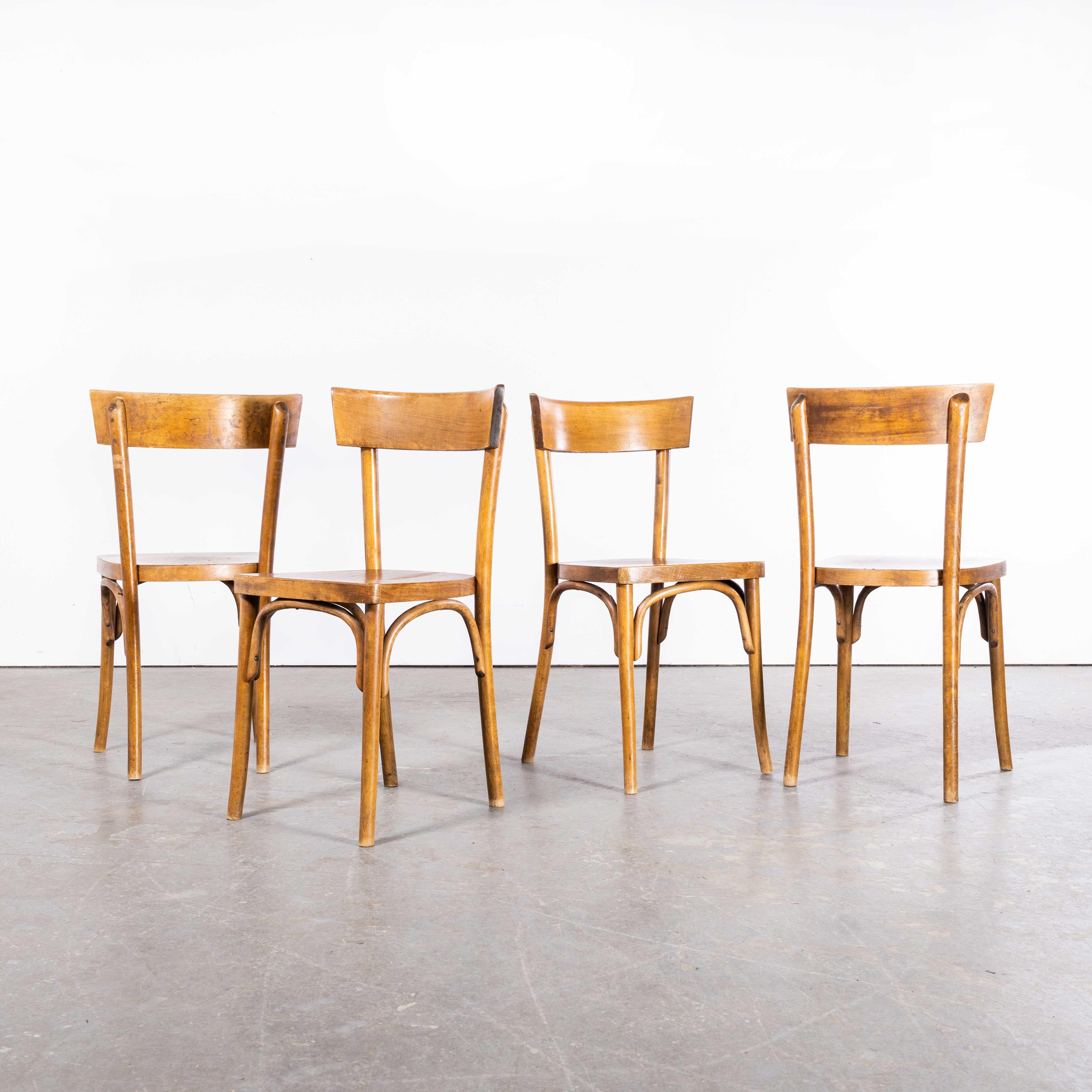European 1950s Bentwood Mid Tan Single Bar Back Dining Chairs – Set of Four '2582' For Sale