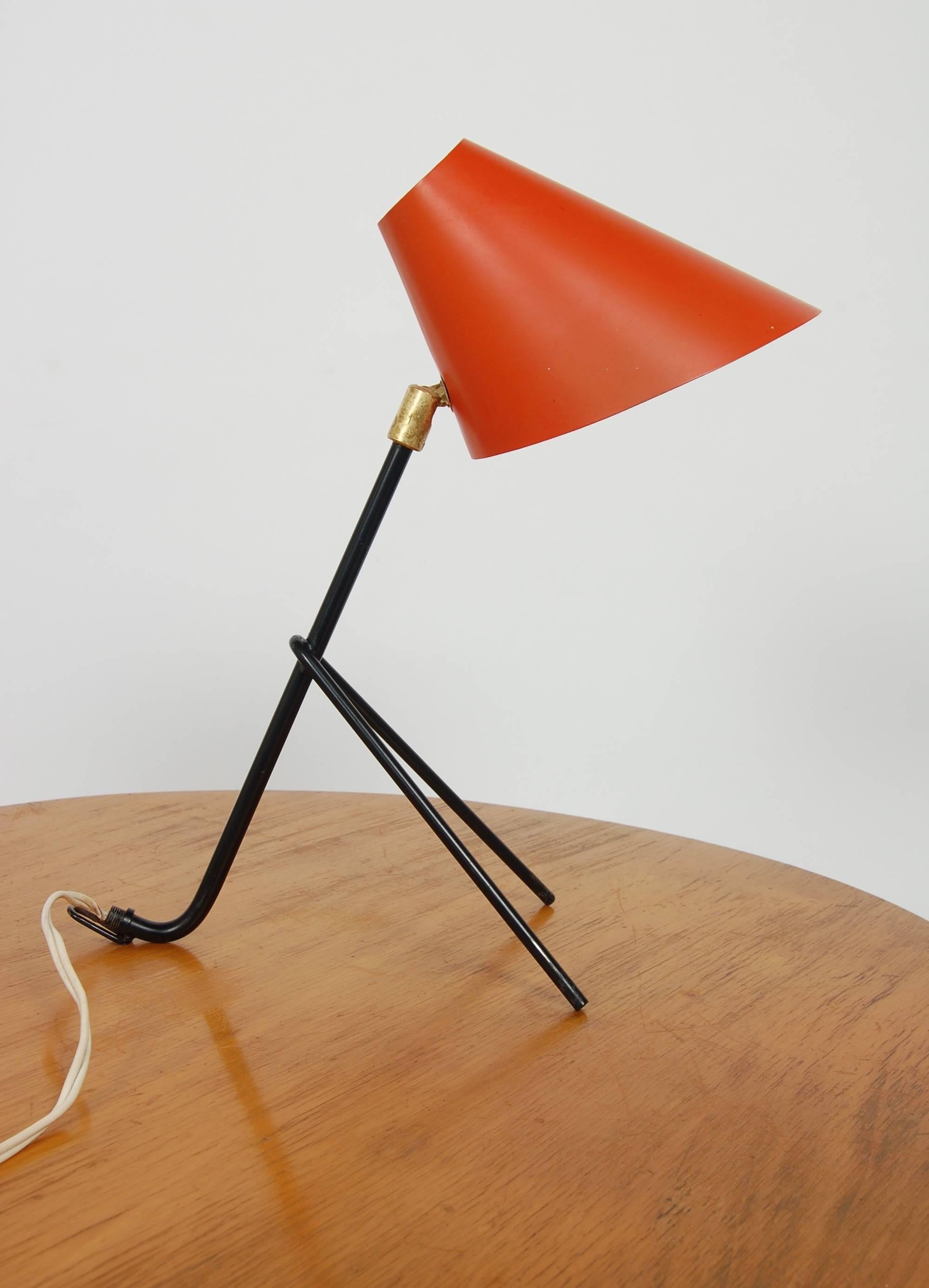 Hang-All table or wall lamp by Bergboms of Sweden, red adjustable shade on a tripod base.