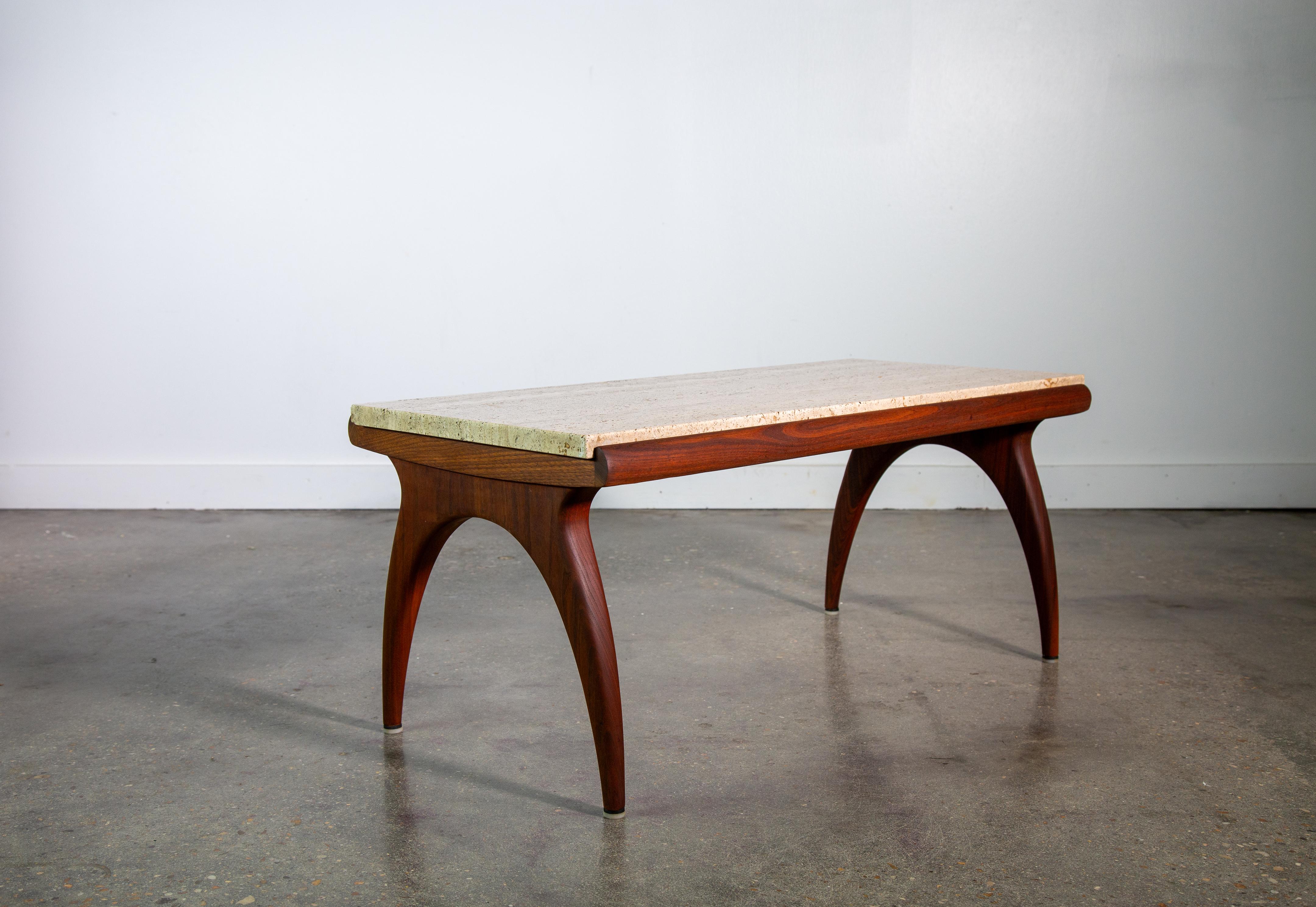 1950s Bertha Schaefer for M. Singer Sons Walnut and Travertine Coffee Table For Sale 4
