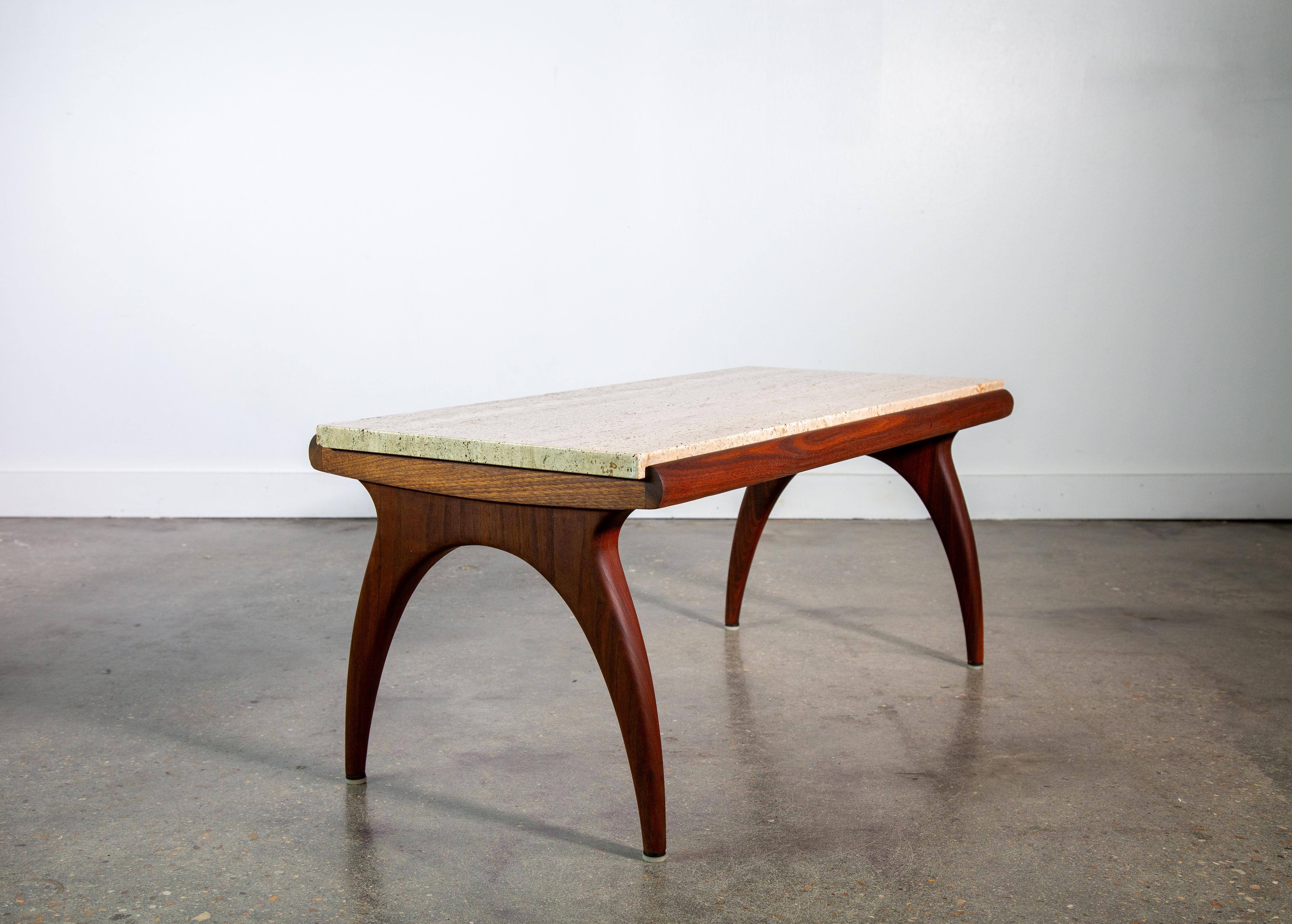 1950s Bertha Schaefer for M. Singer Sons Walnut and Travertine Coffee Table For Sale 5