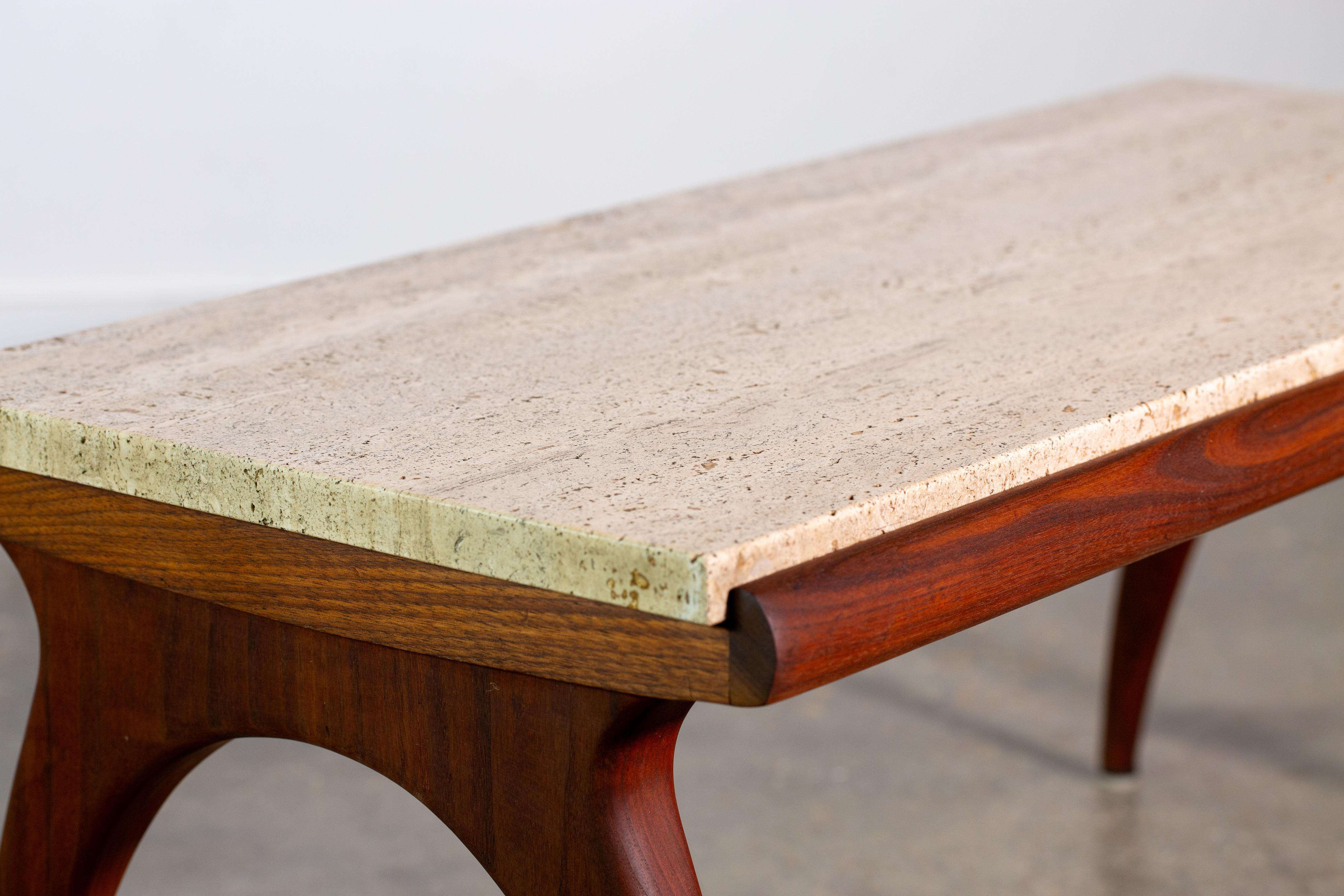 1950s Bertha Schaefer for M. Singer Sons Walnut and Travertine Coffee Table For Sale 3