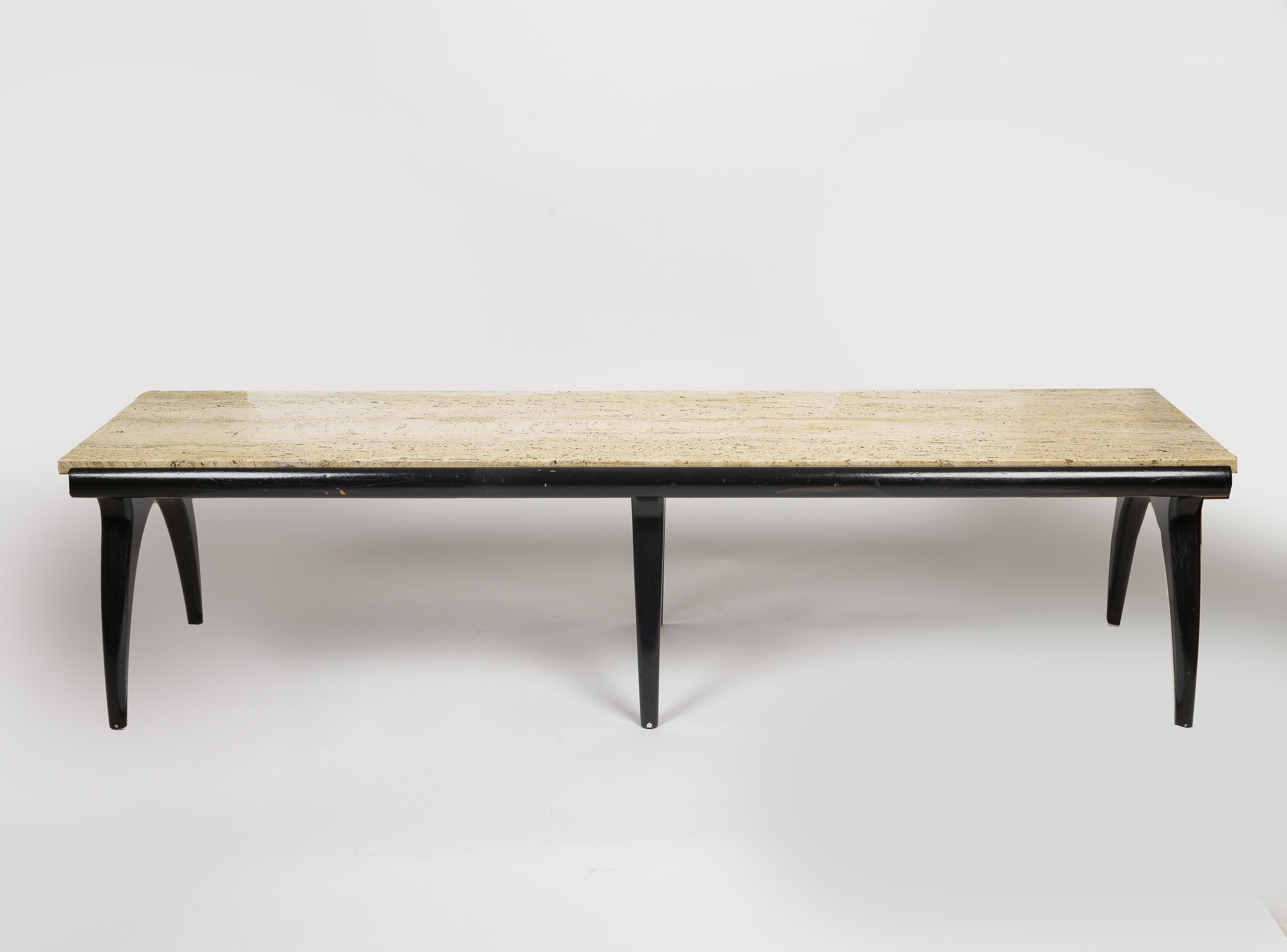 Travertine and black wood, Coffee Table by Bertha Schaefer for M. Singer
and Sons. Walnut base with six sculptural curved supports, original 
rectangular travertine top

Same era as: Charlotte Perriand, Jean Prouve, Pierre Pauline, Serge Mouille,
