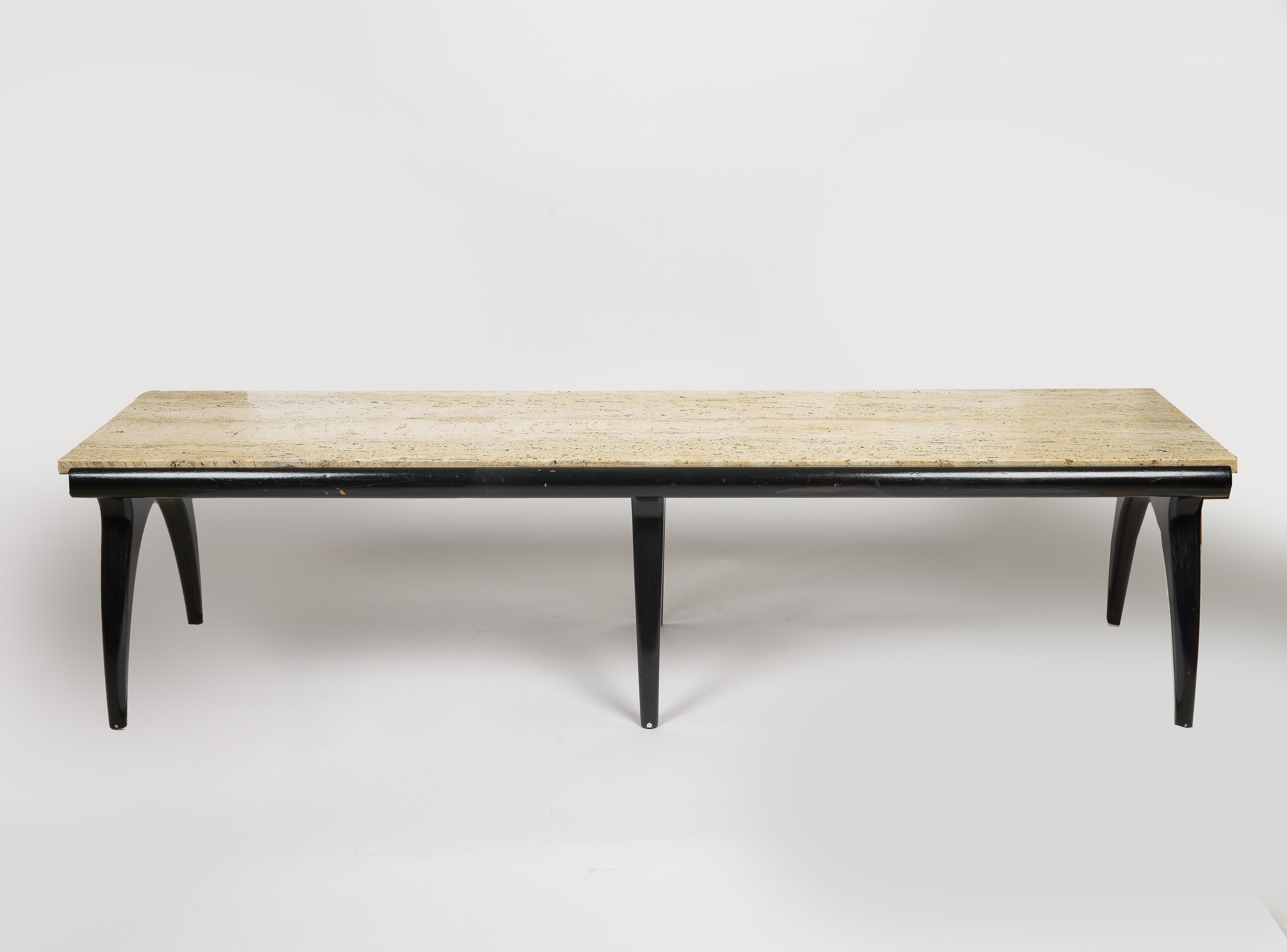 Travertine and black wood, Coffee Table by Bertha Schaefer for M. Singer
and Sons. Walnut base with six sculptural curved supports, original 
rectangular travertine top