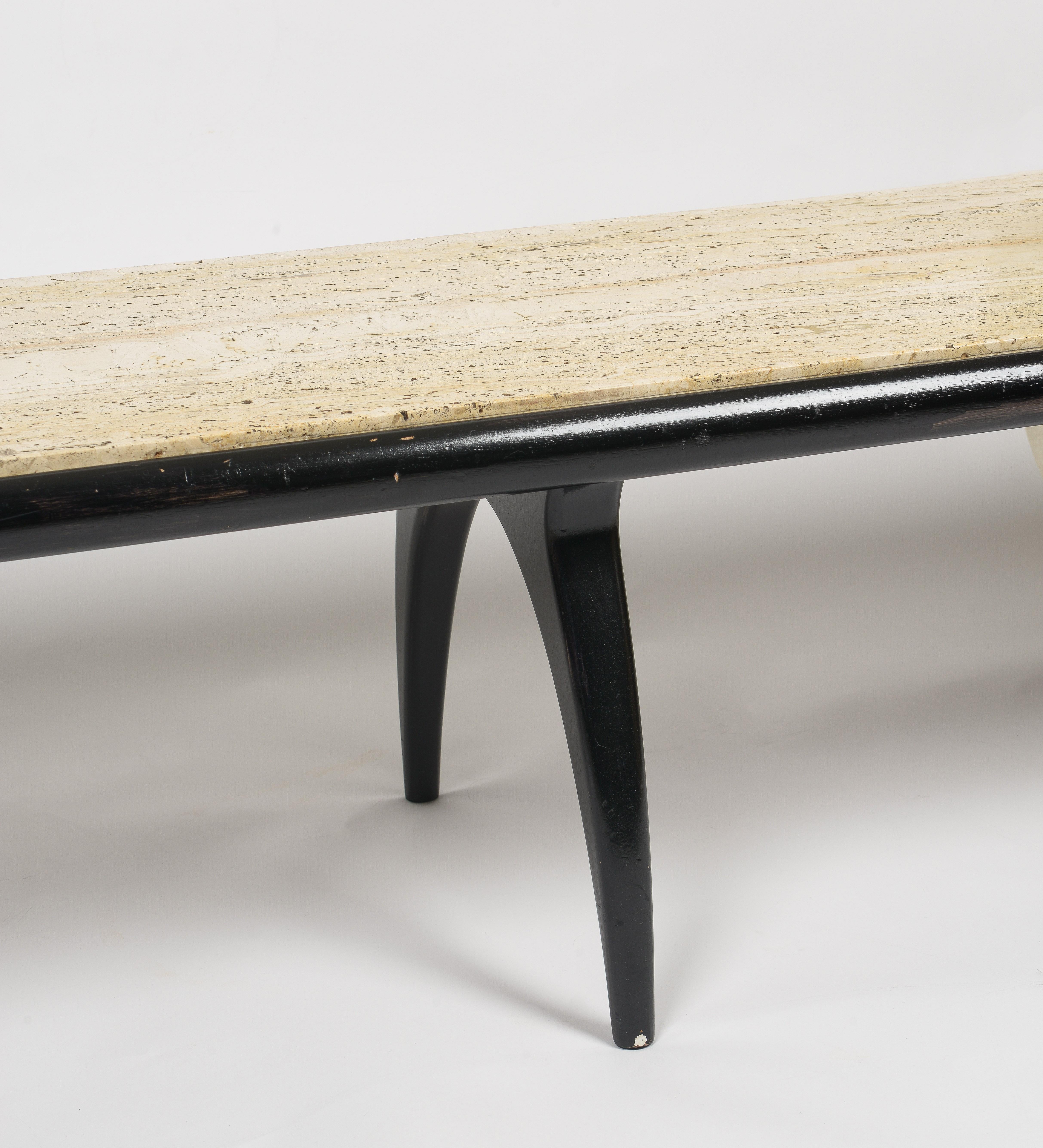 1950s Bertha Schaefer Travertine and black wood Coffee Table In Good Condition For Sale In New York, NY