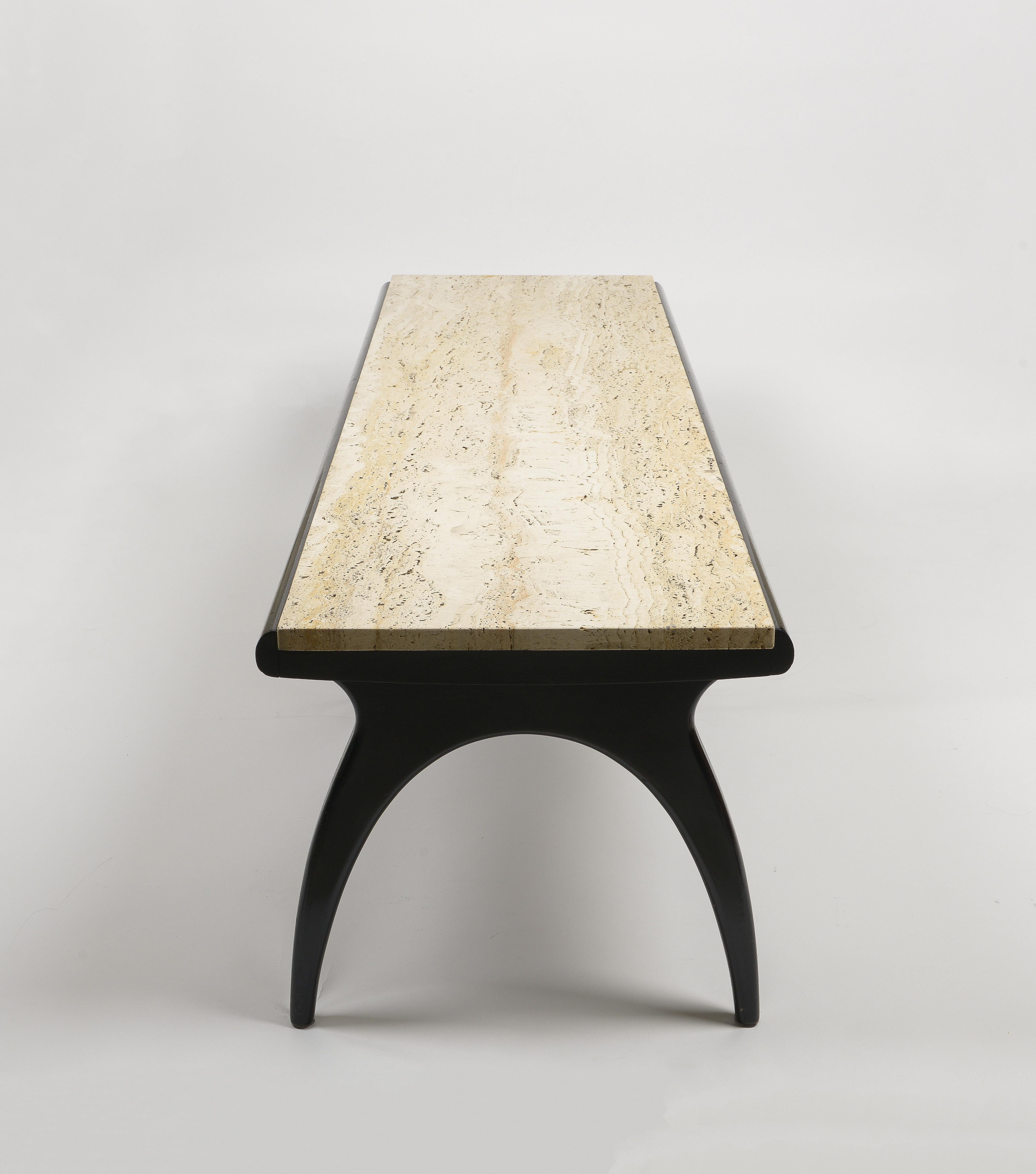 Mid-20th Century 1950s Bertha Schaefer Travertine and black wood Coffee Table For Sale