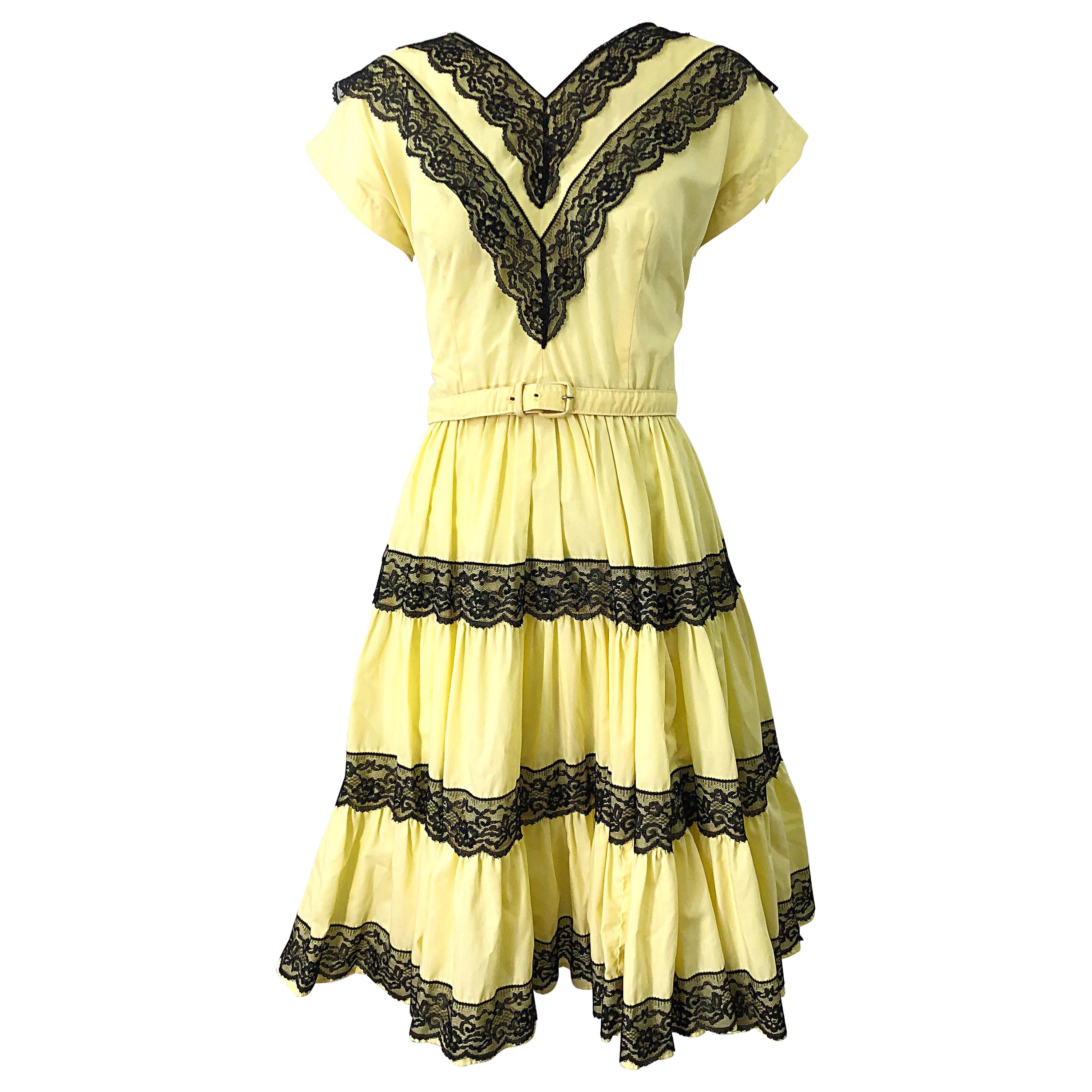 1950s Bettina of Miami Yellow + Black Cotton Lace Fit n' Flare Vintage 50s Dress