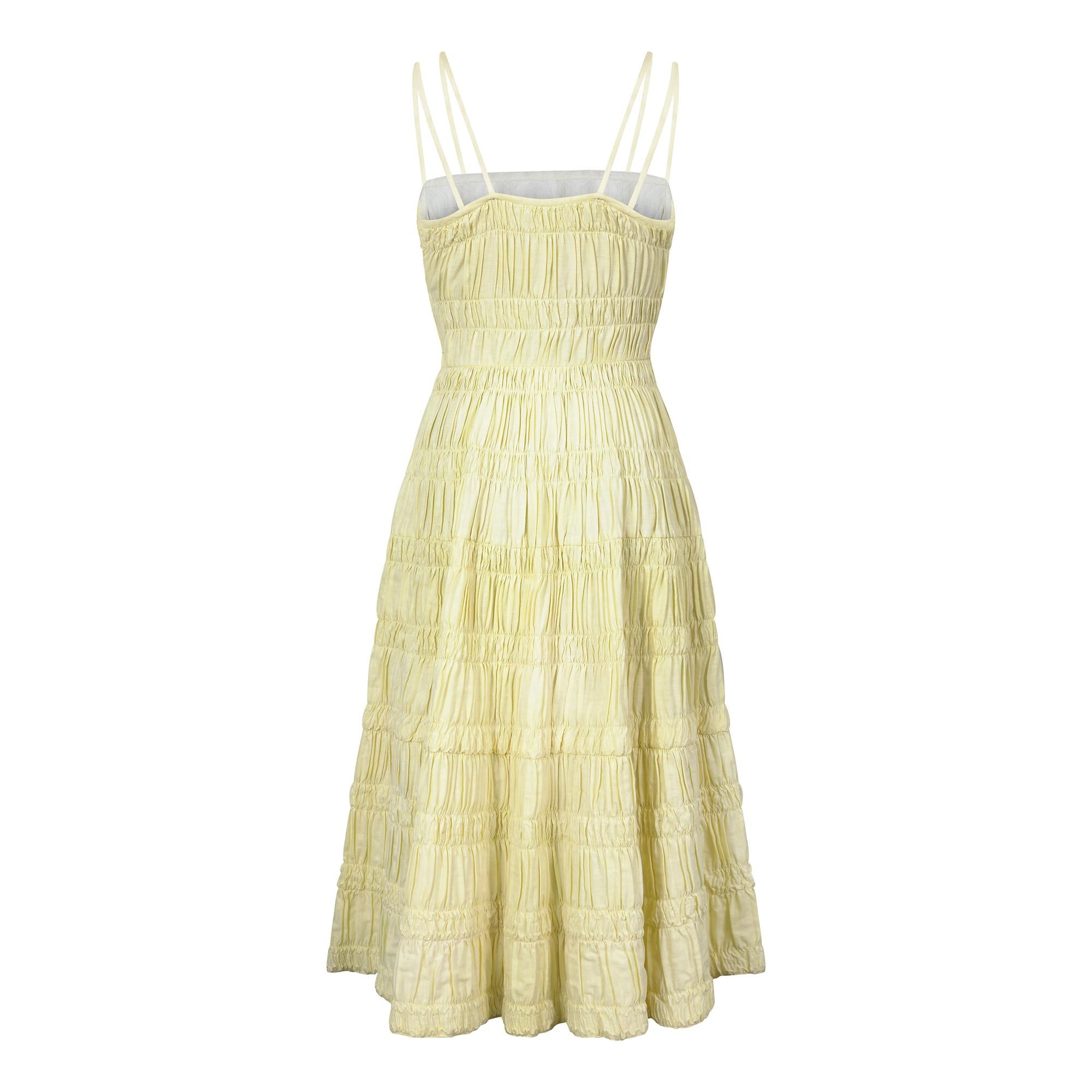 1950er Bijou Original Gelbes Baumwollkleid mit Rüschen (Beige)