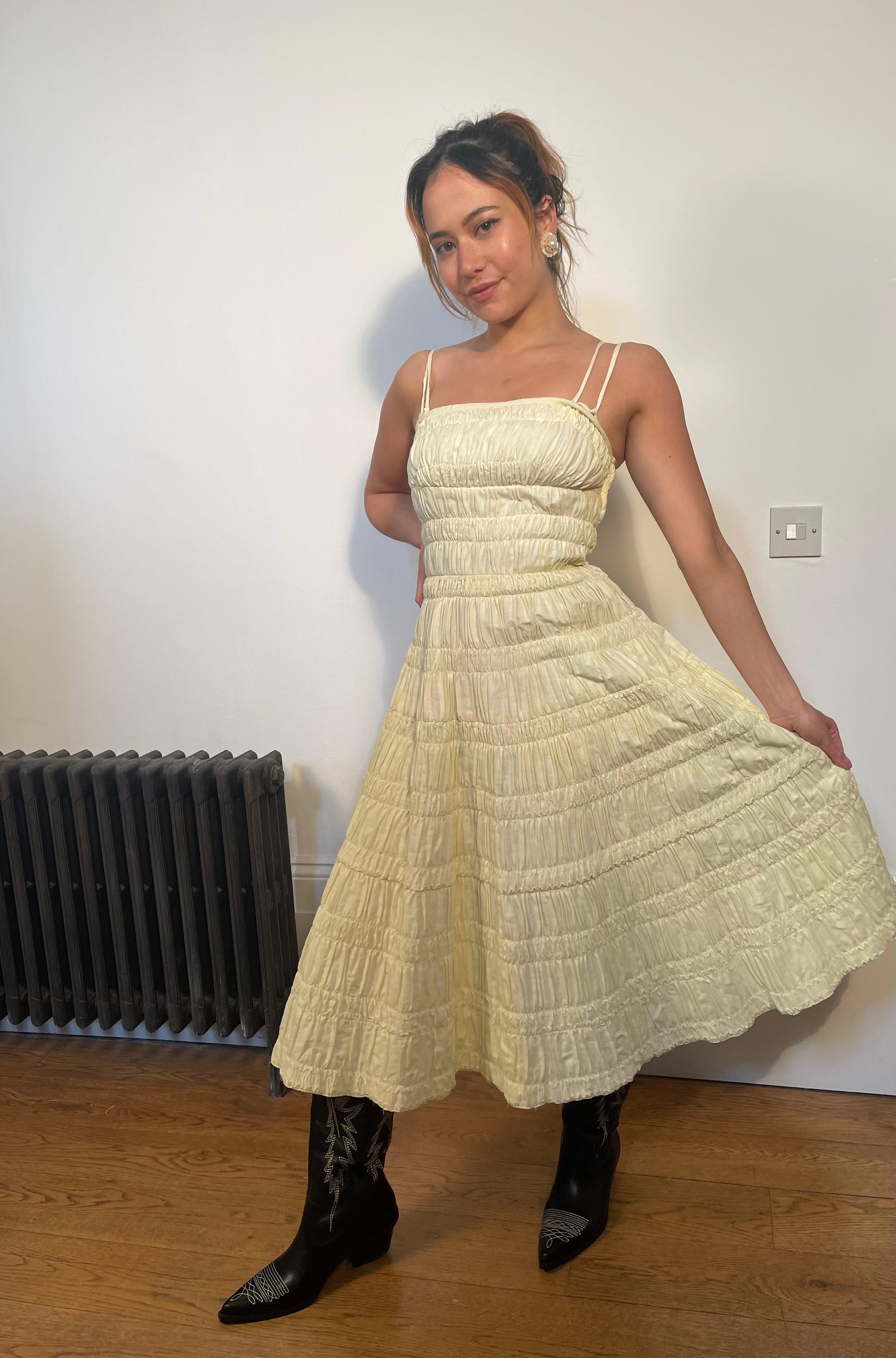 1950er Bijou Original Gelbes Baumwollkleid mit Rüschen 2
