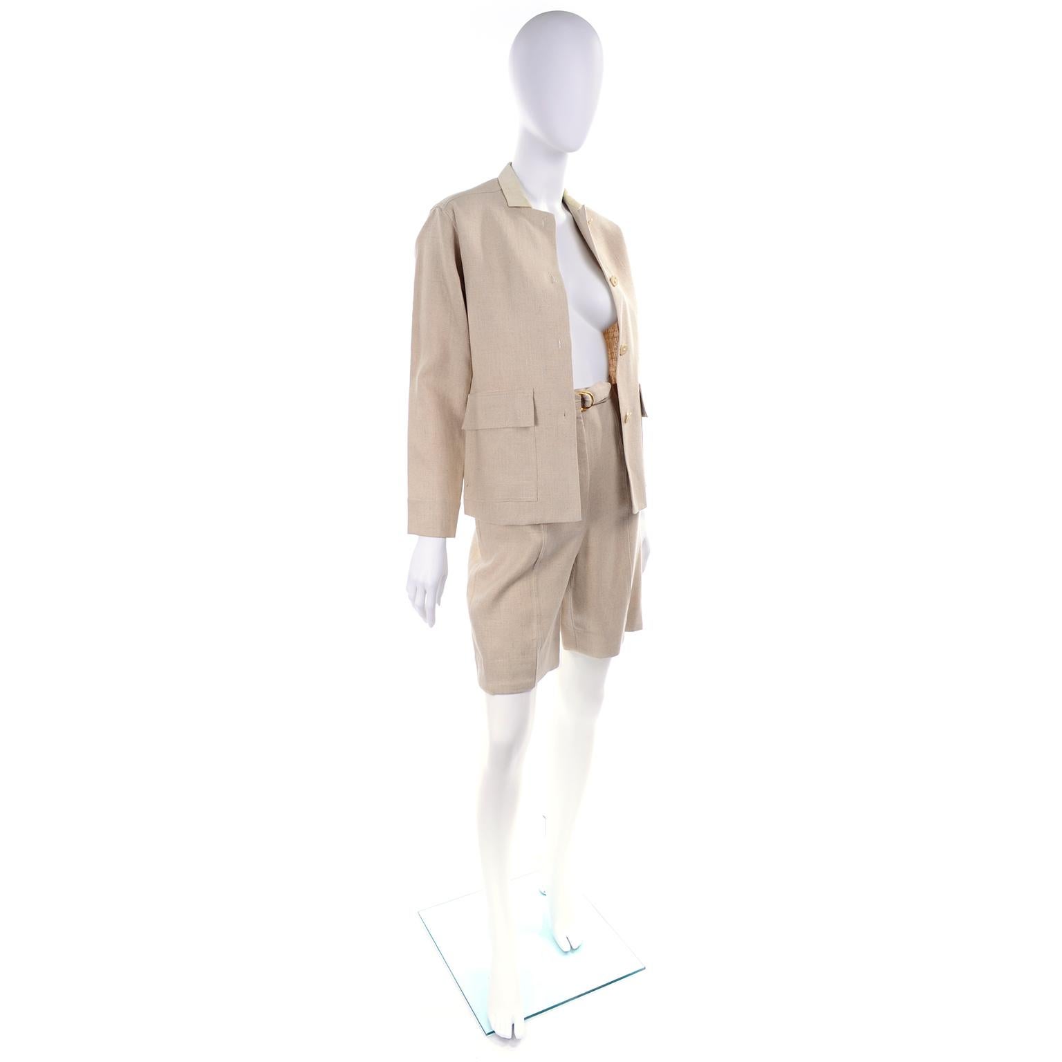 Beige 1950s Bill Atkinson Glen of Michigan Tan Linen Jacket & High Rise Shorts Suit 
