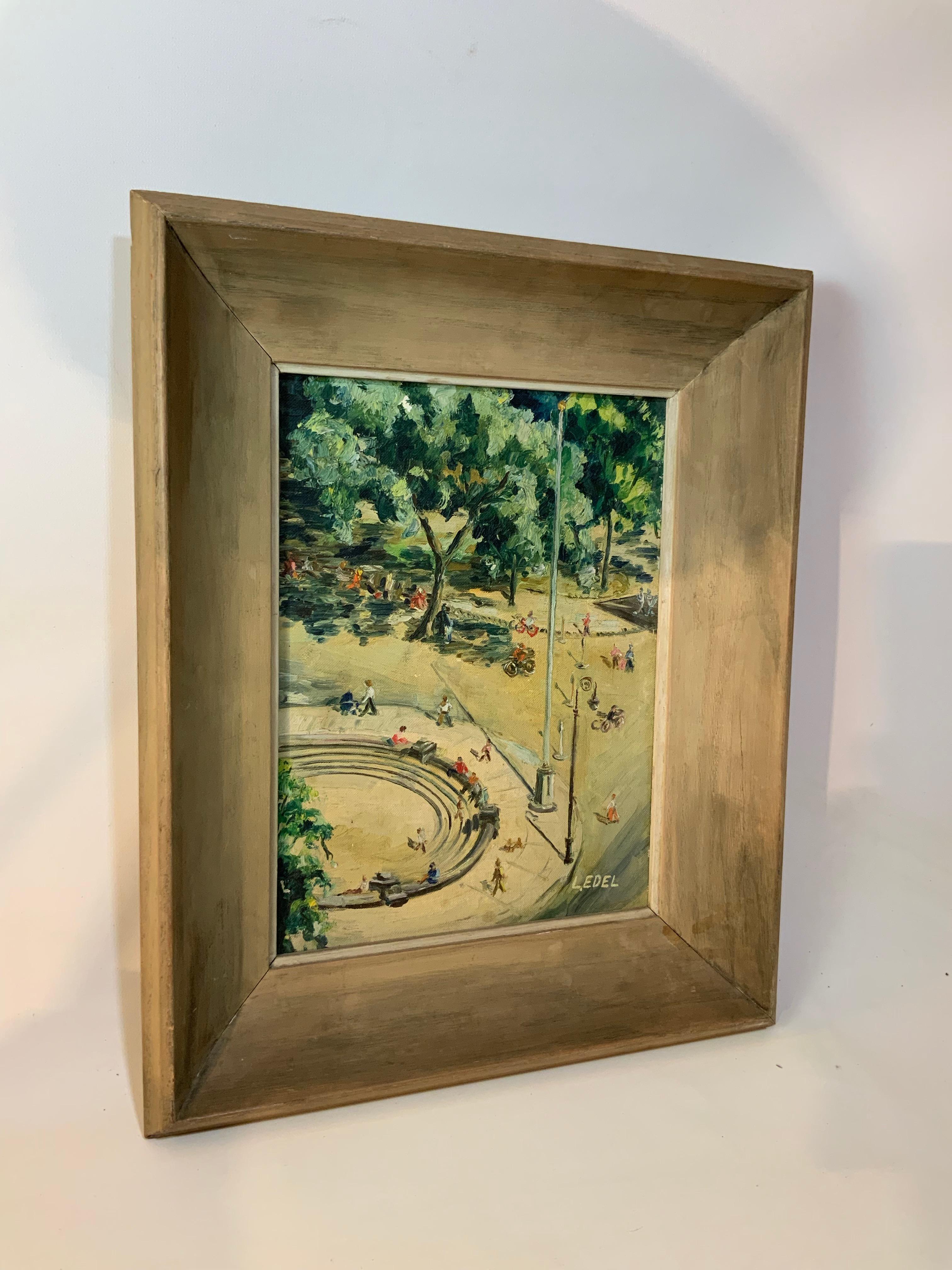 Leonore Edel created this fine little oil painting on canvas board in the 1950s from her apartment at 61 Washington Square Park South. The fun and amusement of a bright sunny day is captured at a time when The West Village was brimming with art,