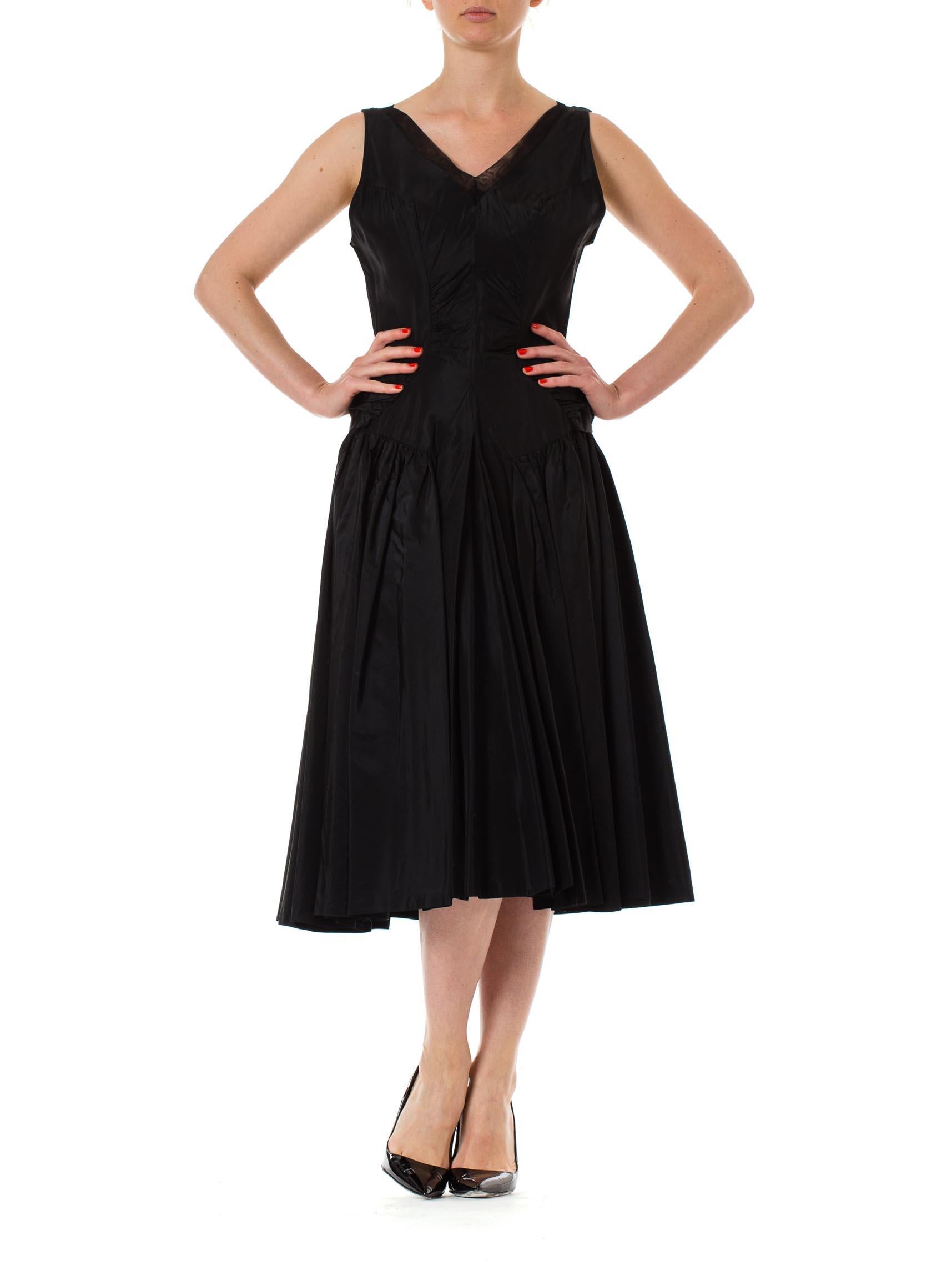 Women's 1950S Black Acetate Taffeta Swing Skirt Cocktail Dress With Unique Gathered Det For Sale