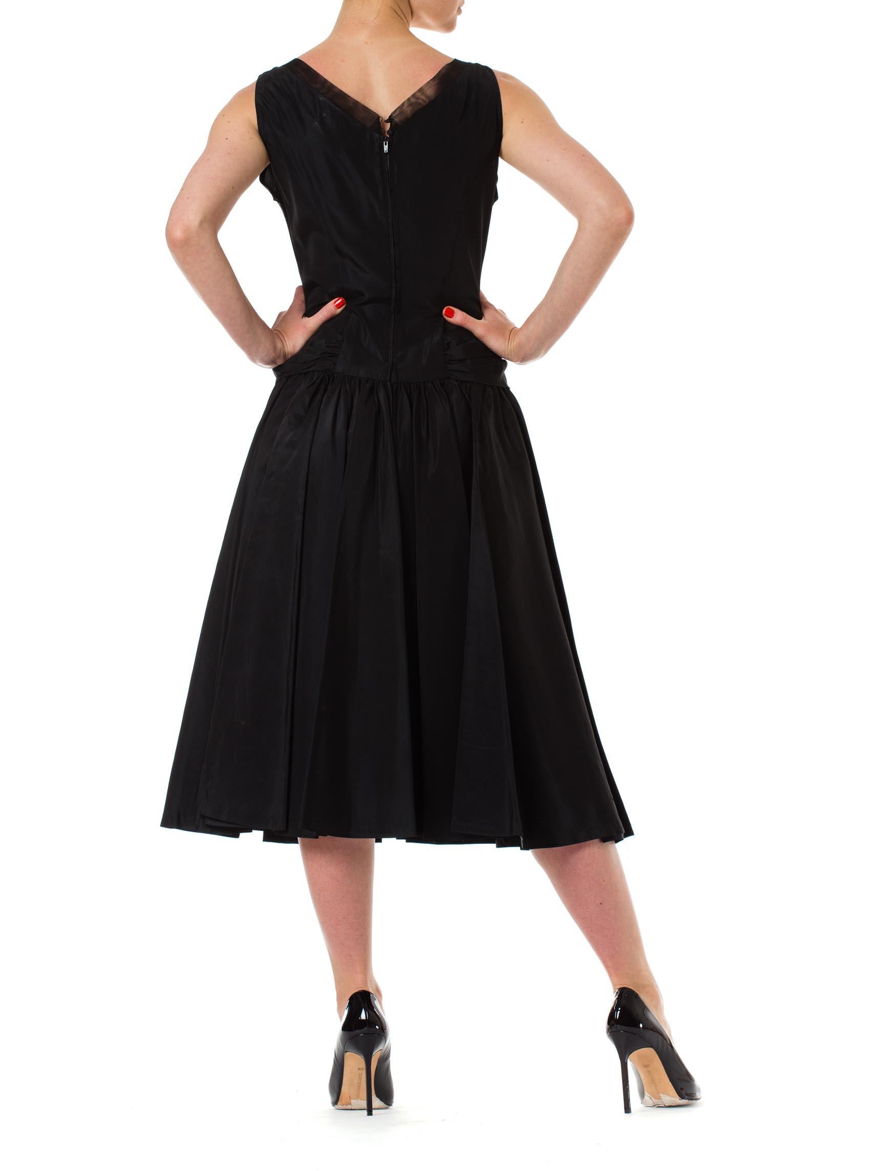 1950S Black Acetate Taffeta Swing Skirt Cocktail Dress With Unique Gathered Det For Sale 1