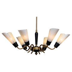 1950
s Black and Brass German Six Arm Sputnik Chandelier with Two Tone Art Glass