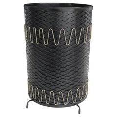 Vintage 1950s Black and Brass Wrought Iron Wastebasket Trash Receptacle