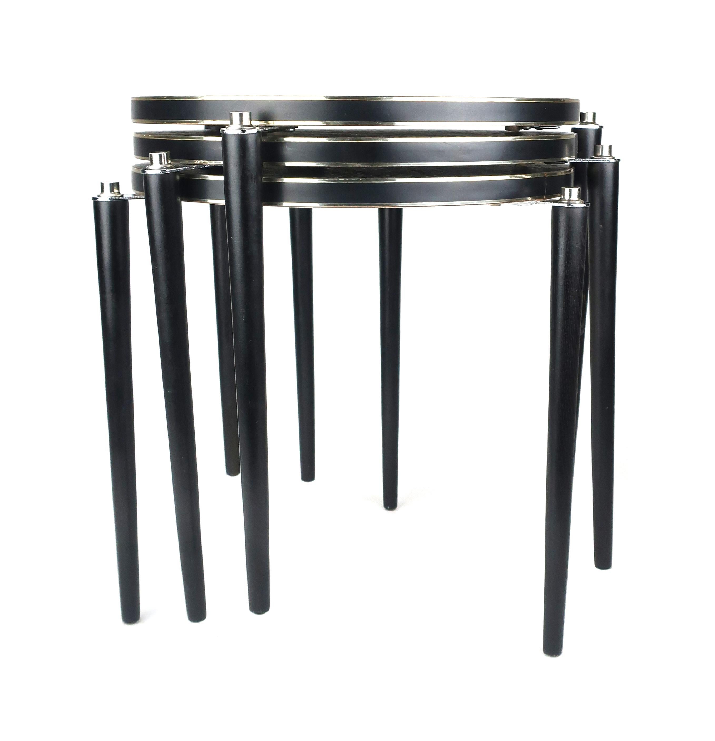 1950s Black and Chrome Stacking Tables, Set of 3