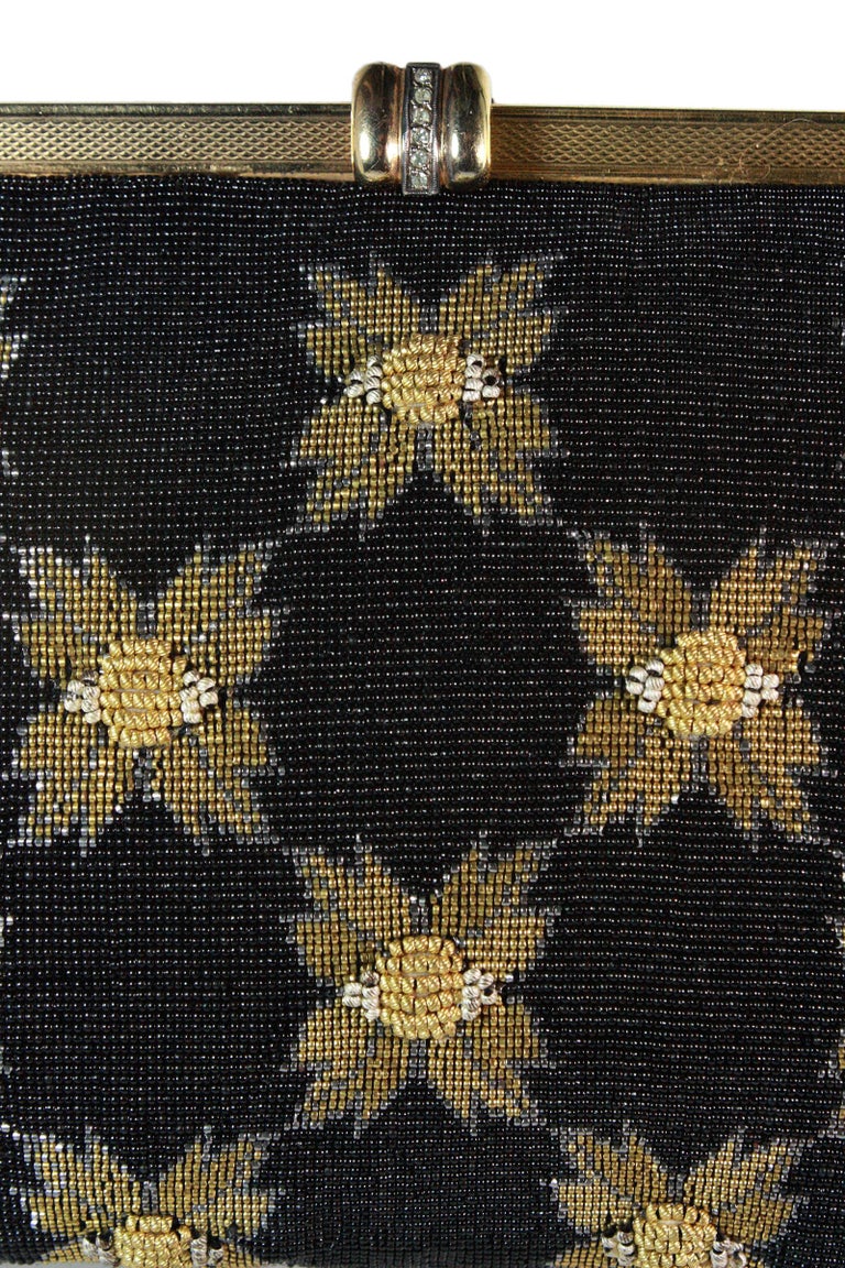 Women's 1950s Black and Gold Caviar Beaded Floral Evening Purse For Sale