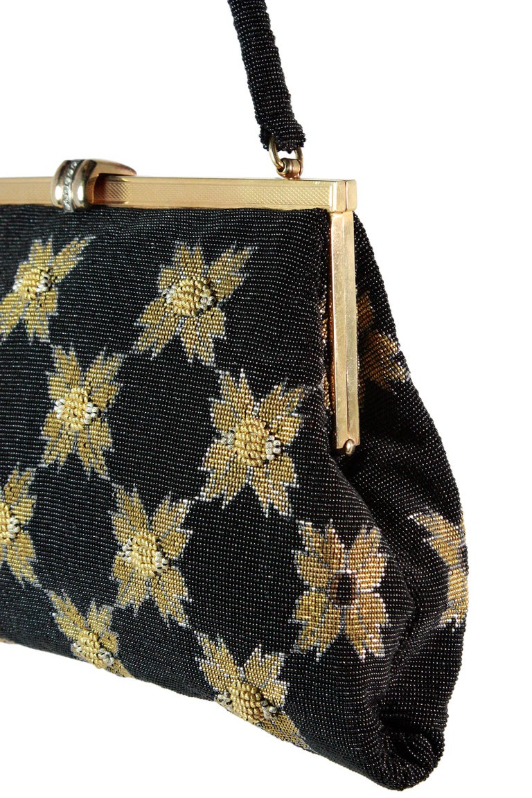 1950s Black and Gold Caviar Beaded Floral Evening Purse For Sale 2