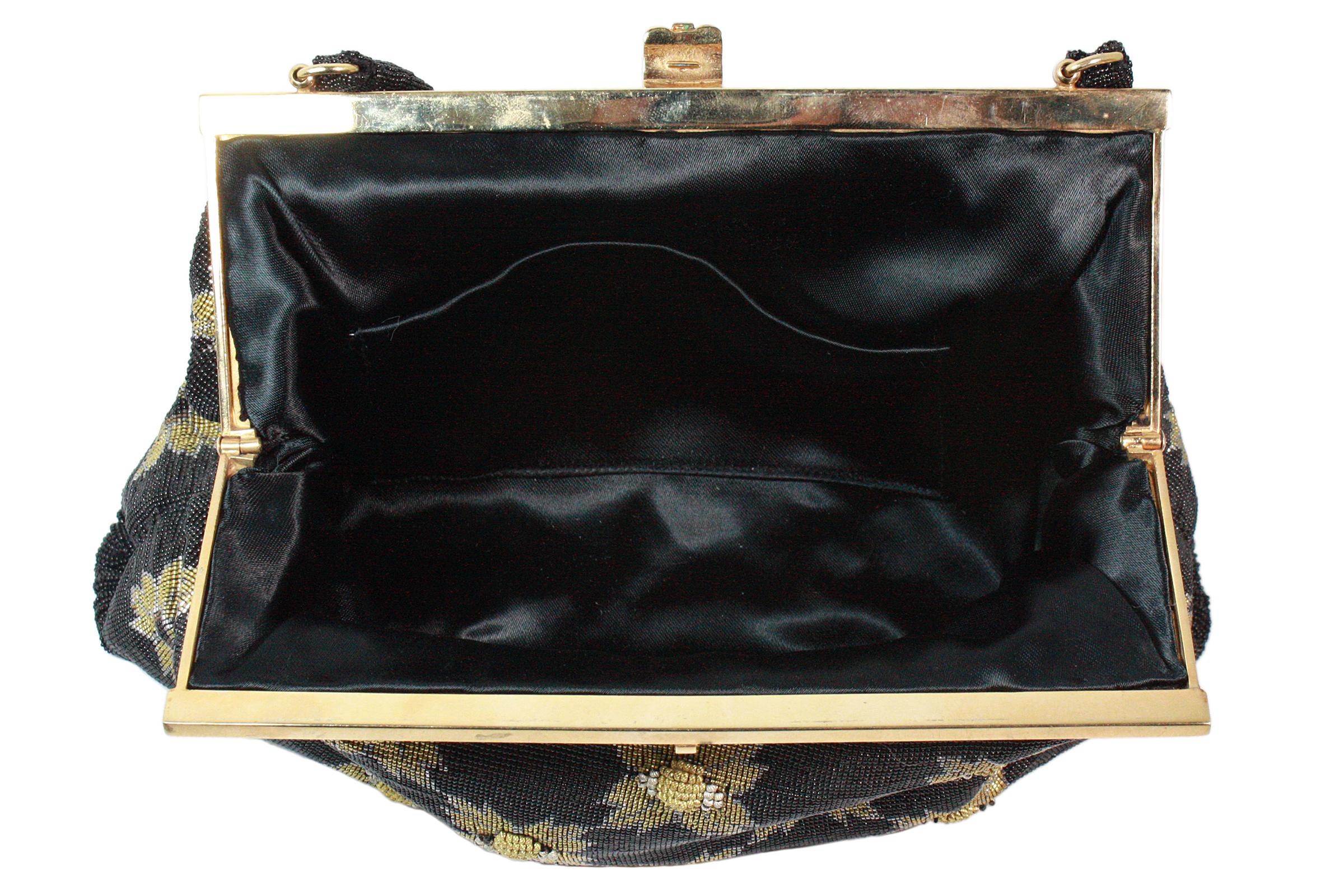 Women's 1950s Black and Gold Caviar Beaded Floral Evening Purse For Sale