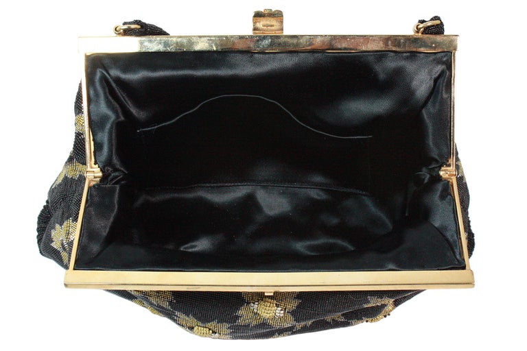 1950s Black and Gold Caviar Beaded Floral Evening Purse For Sale 3