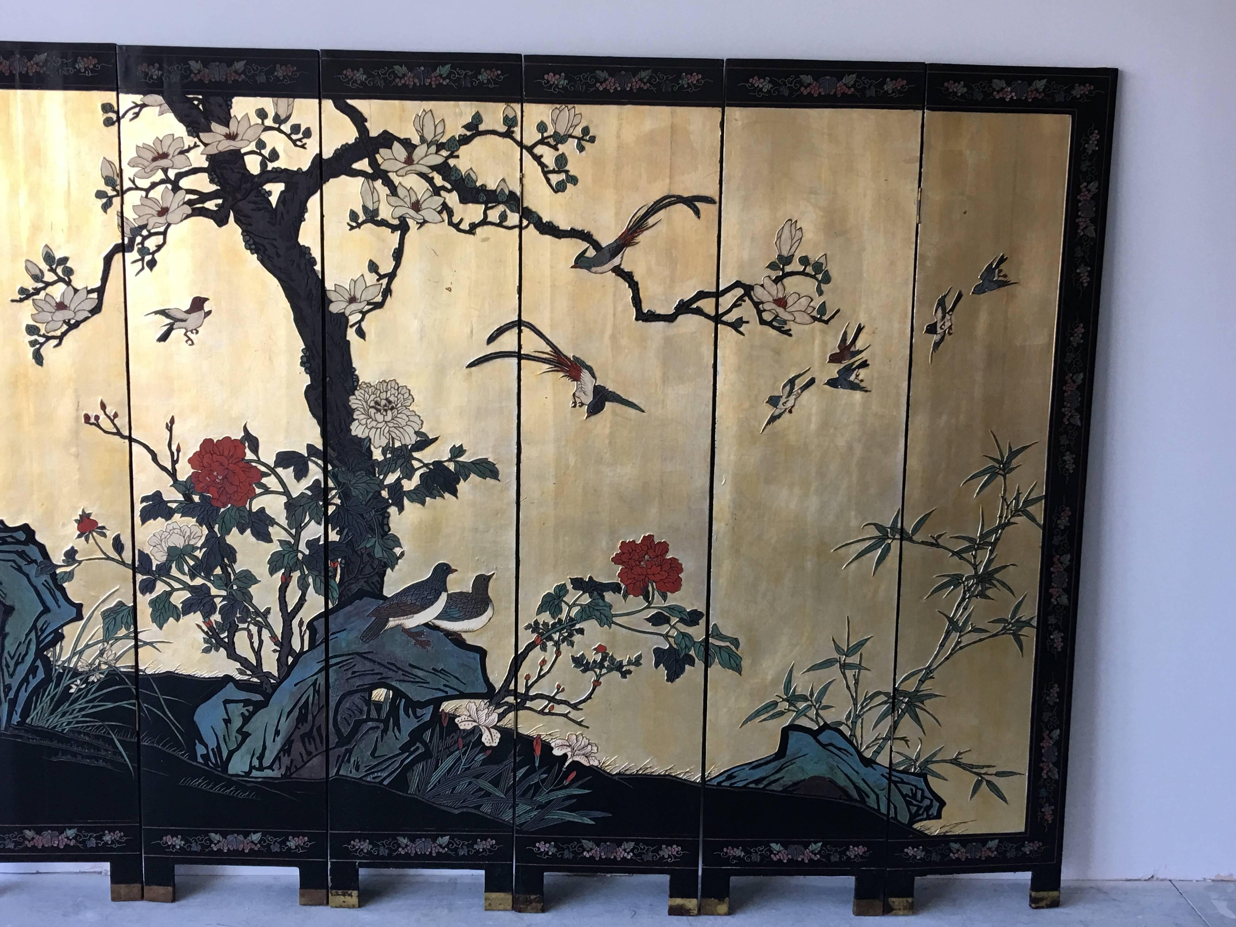 Chinoiserie 1950s Black and Gold Cherry Blossom Six-Panel Room Divider Screen For Sale