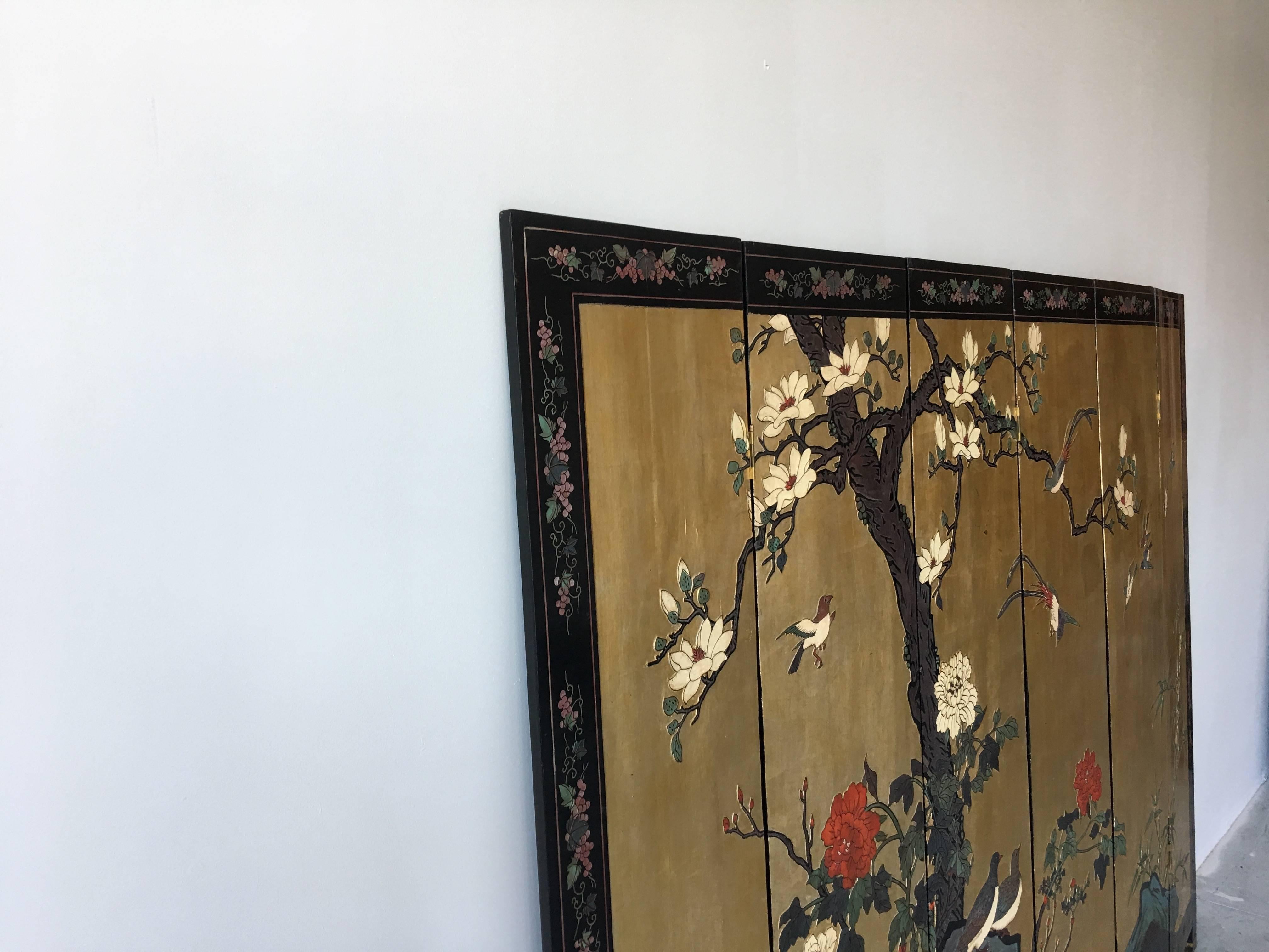 Lacquered 1950s Black and Gold Cherry Blossom Six-Panel Room Divider Screen For Sale