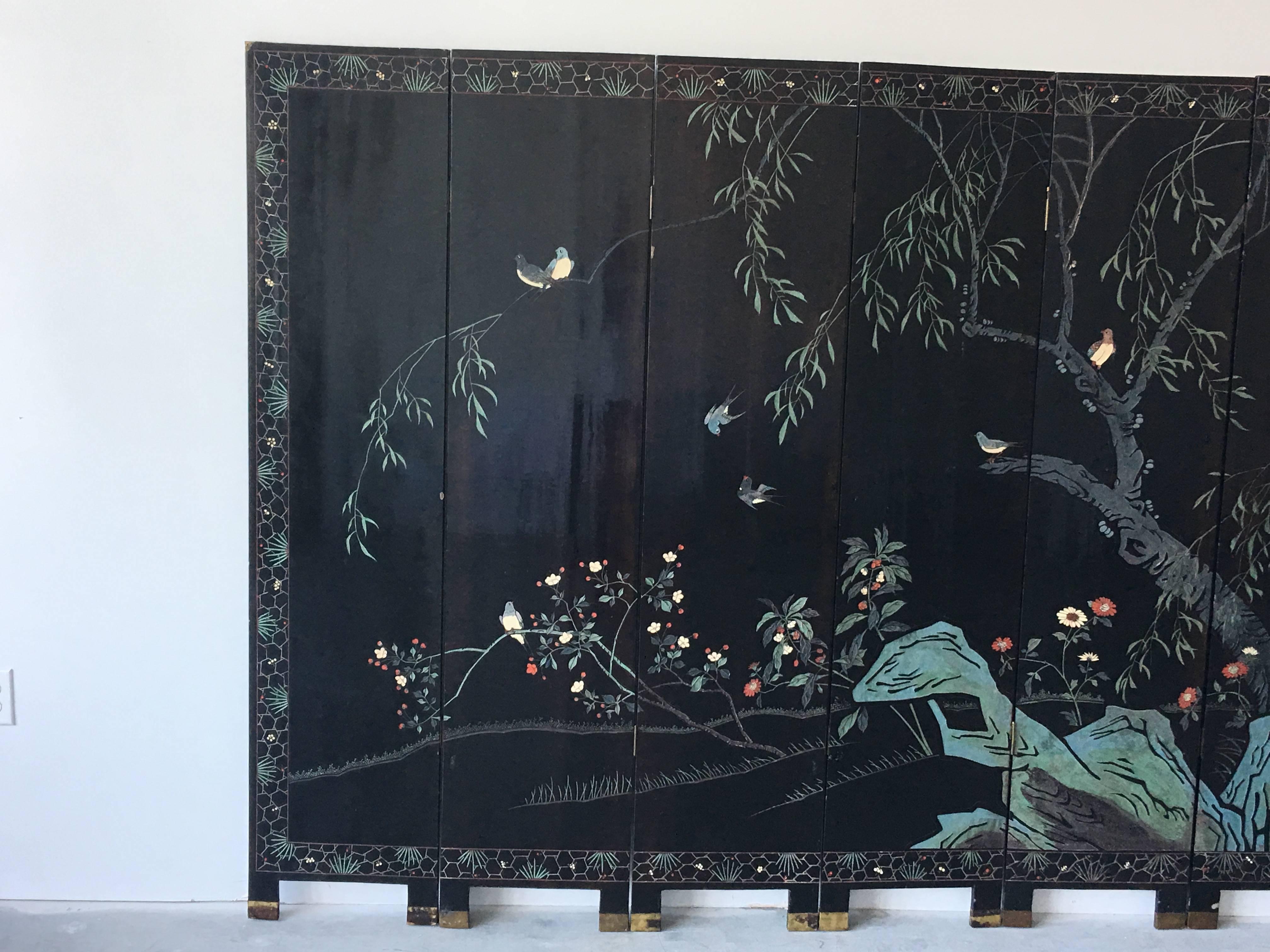 Wood 1950s Black and Gold Cherry Blossom Six-Panel Room Divider Screen For Sale